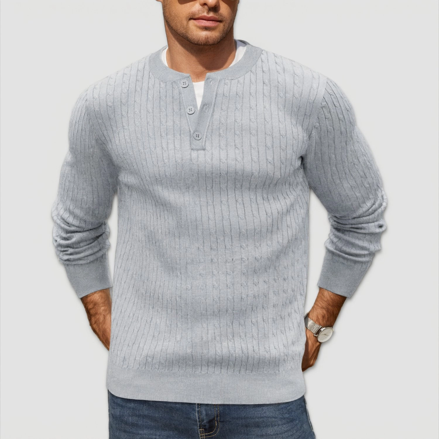 COOFANDY Mens Long Sleeve Henley Neck Sweater Fall Cable Knit Pullover Casual Tops