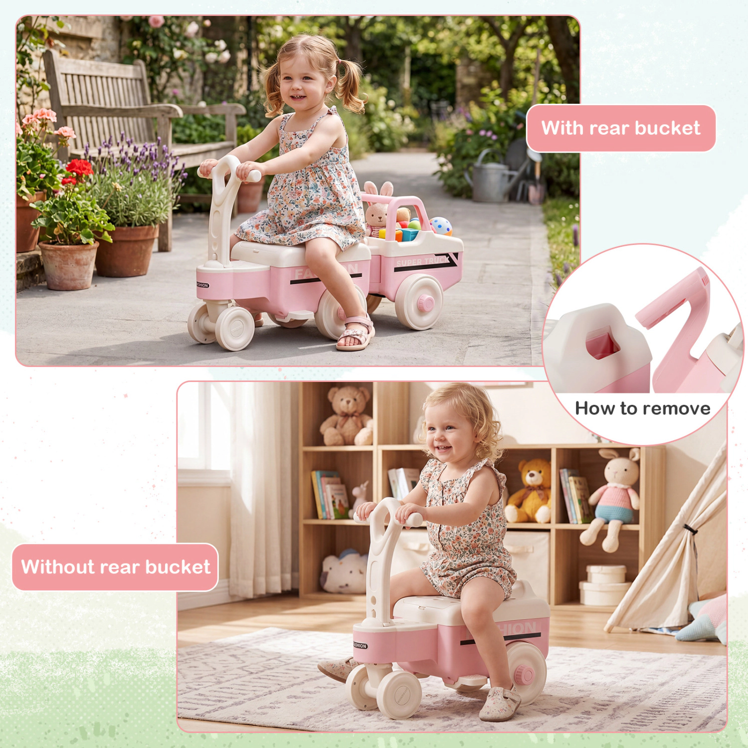 SUGIFT Pink Trailer Music and Under Seat Storage Kids 4 in 1 Ride On Push Car Walker