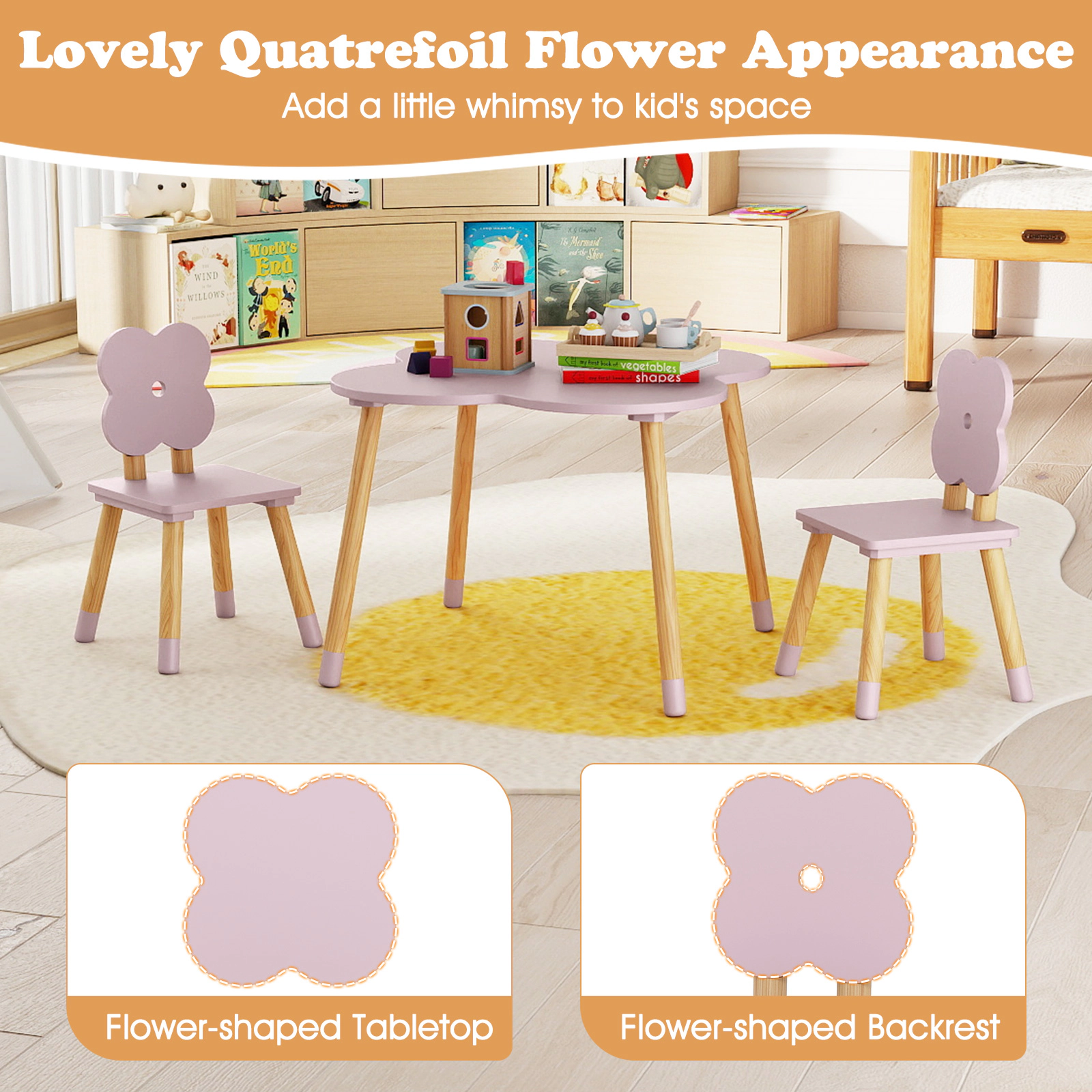 SUGIFT Pink Solid Pine Wood Legs 3-Piece Kids Flower Shaped Table and Chairs Set
