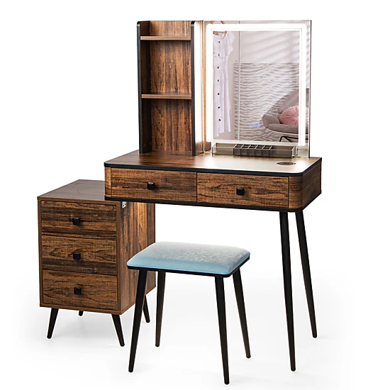 Hivvago Vanity Makeup Table Set With Lighted Mirror-Brown