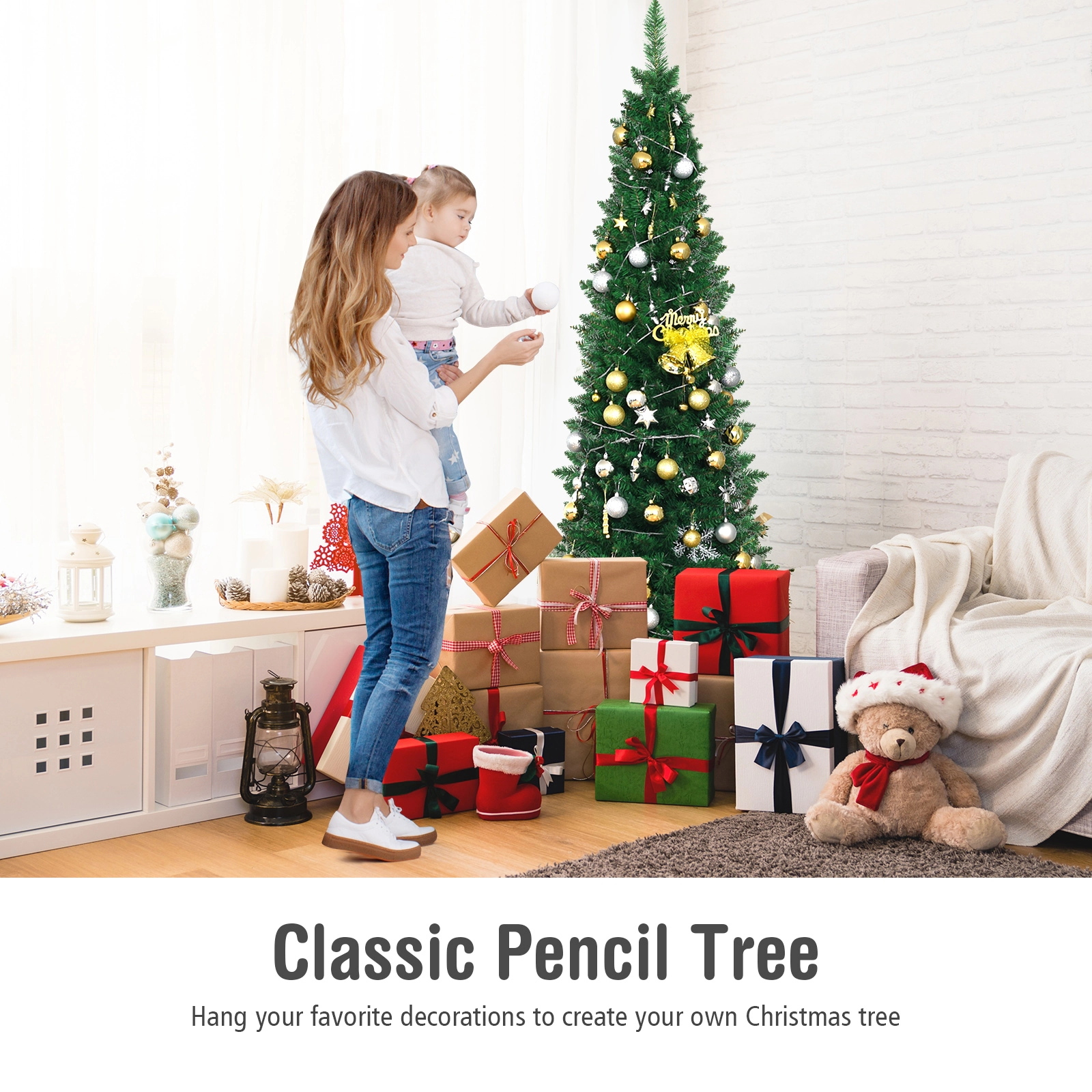 SUGIFT 6-ft Green Slim Pencil Christmas Tree Unlit with 400 Branch Tips and Metal Stand 2.1-ft W