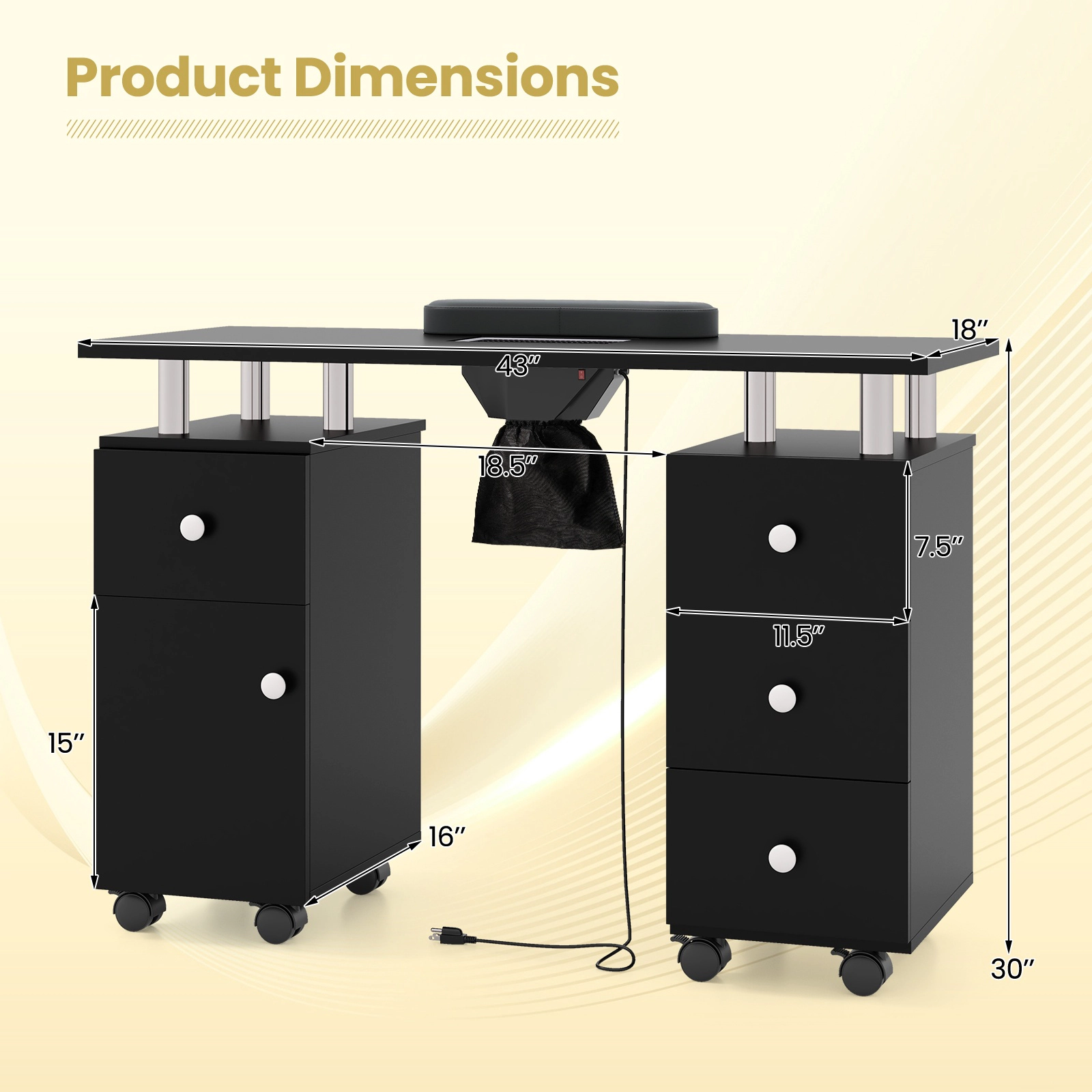 SUGIFT Manicure Table Nail Desk with Electric Dust Collector 88-lb Tabletop Capacity with Cabinet and 4 Drawers Black