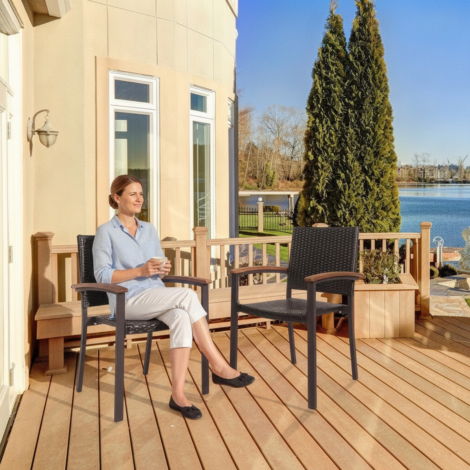 SUGIFT Outdoor Patio Dining Armchairs Set of 2, Stackable PE Rattan Wicker, Acacia Wood Arms