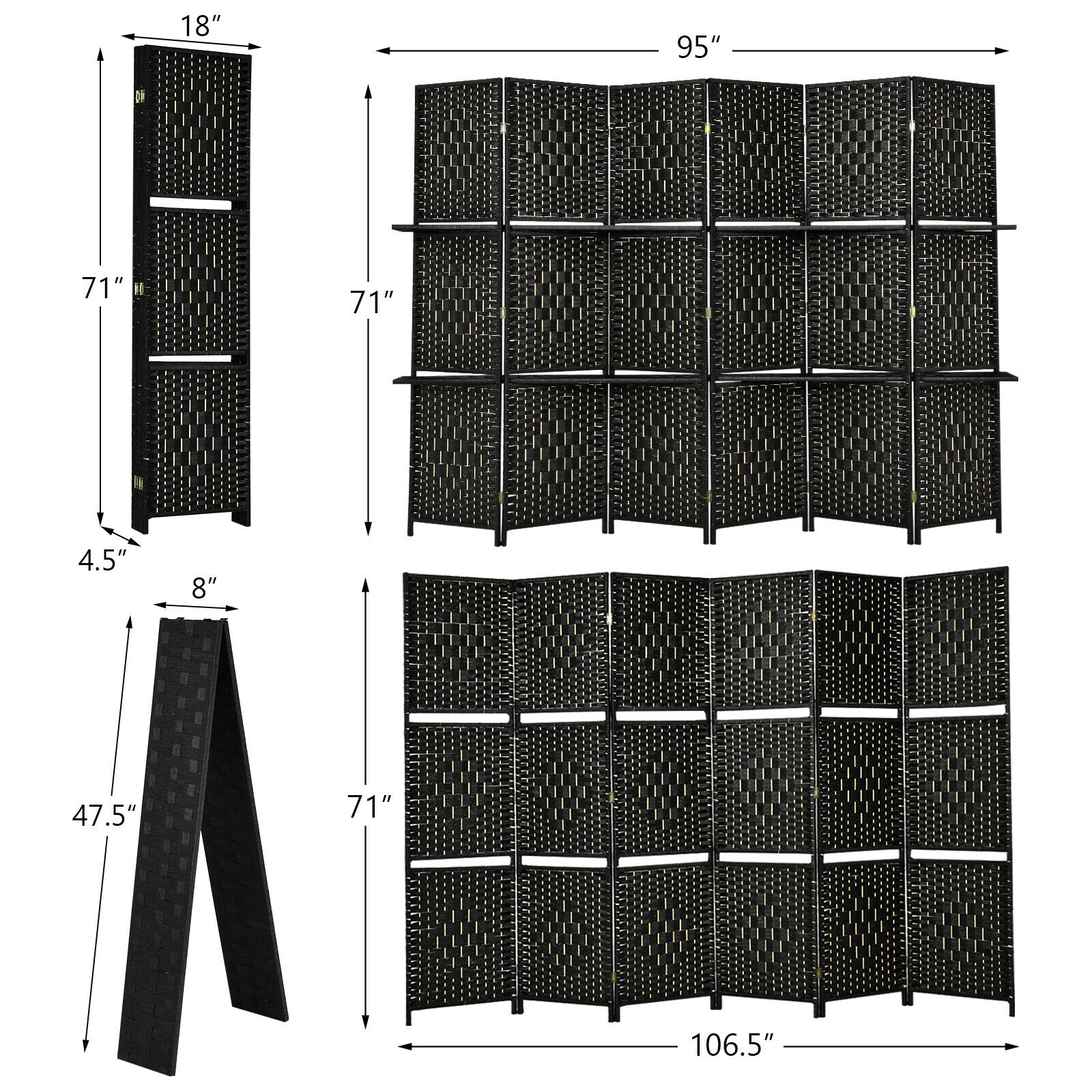SUGIFT 6 Panel Folding Hand-Woven Fiber Room Divider with 2 Display Shelves 71-in Tall Black/Brown