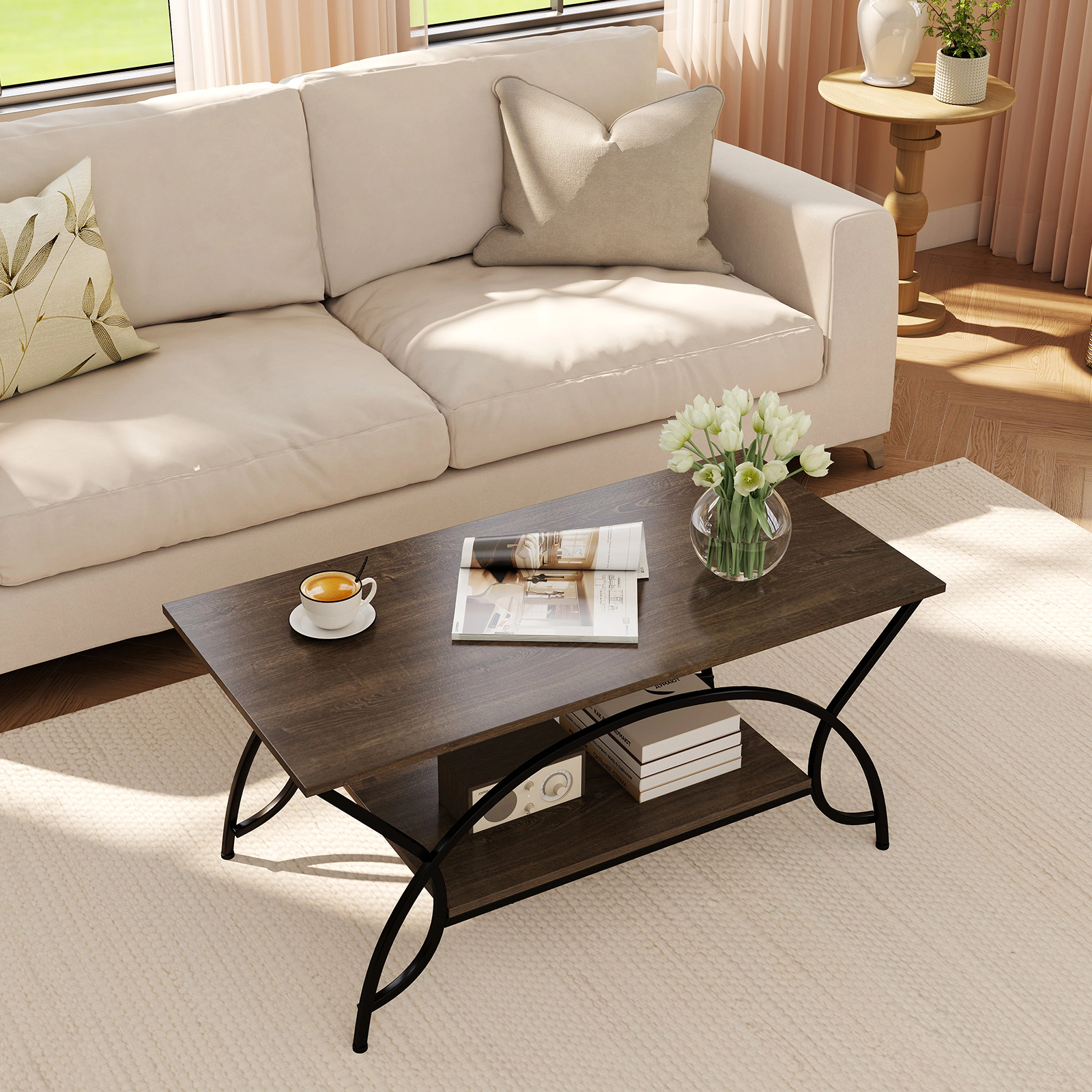 Glintex 2-Tier 39.5-Inch Faux Marble Coffee Table with Arched Metal Frame, Oak