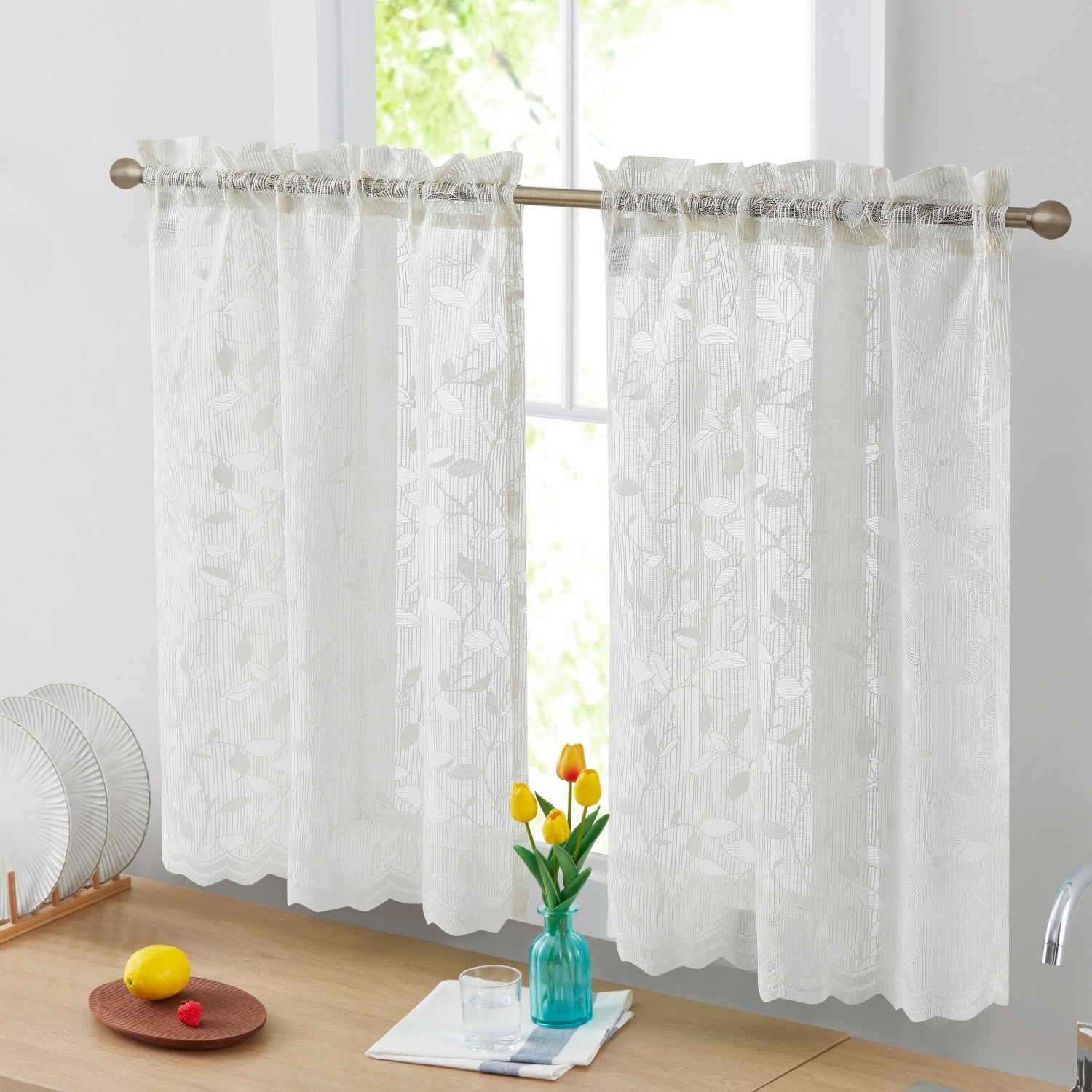HLC.ME Joyce Lace Sheer Kitchen Cafe Curtain Tiers for Small Windows, & Bathroom - Set of 2
