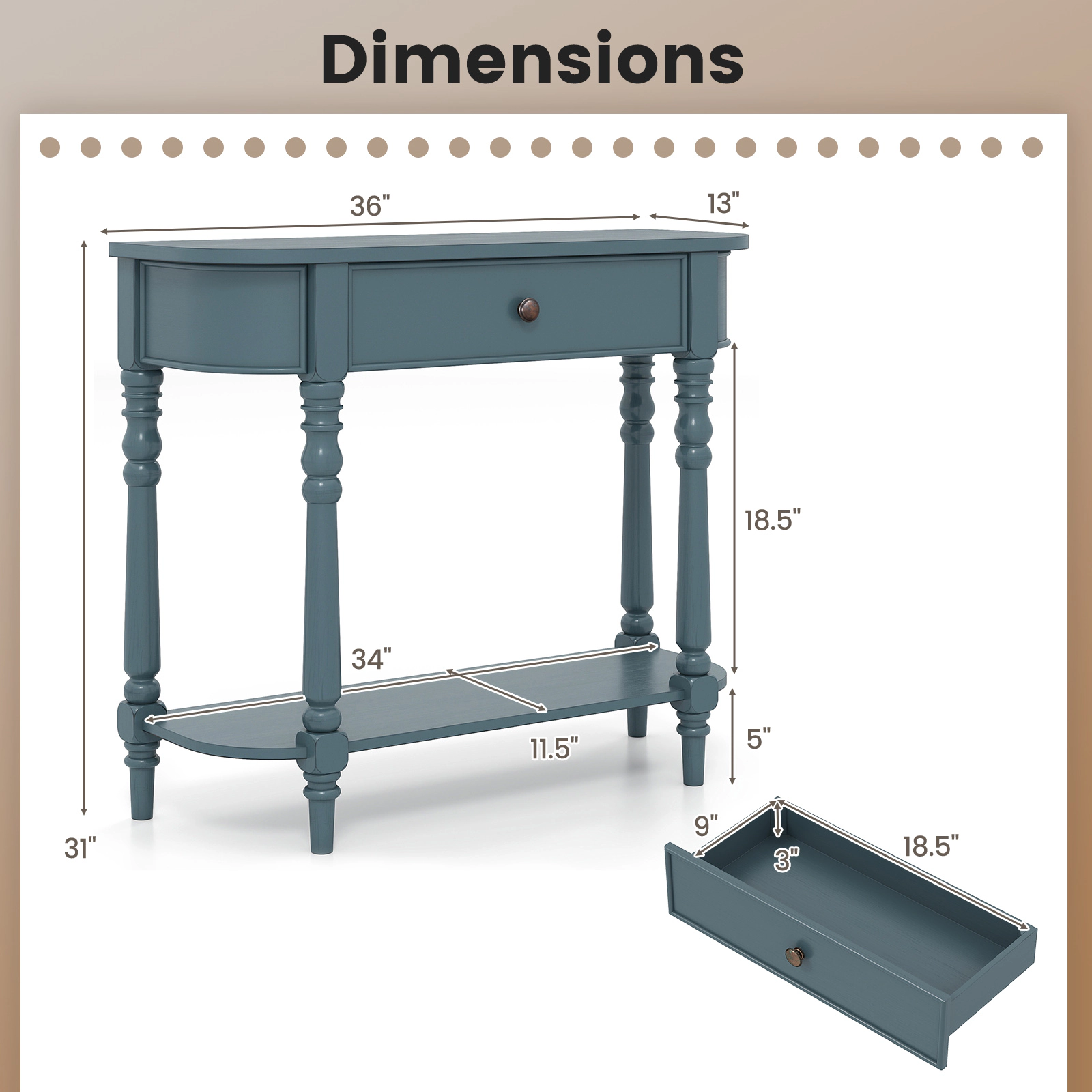 SUGIFT 2-Tier Turned Solid Wood Legs Storage Drawer Retro Console Table 36-in x 13-in x 31-in 220-lb Capacity Blue