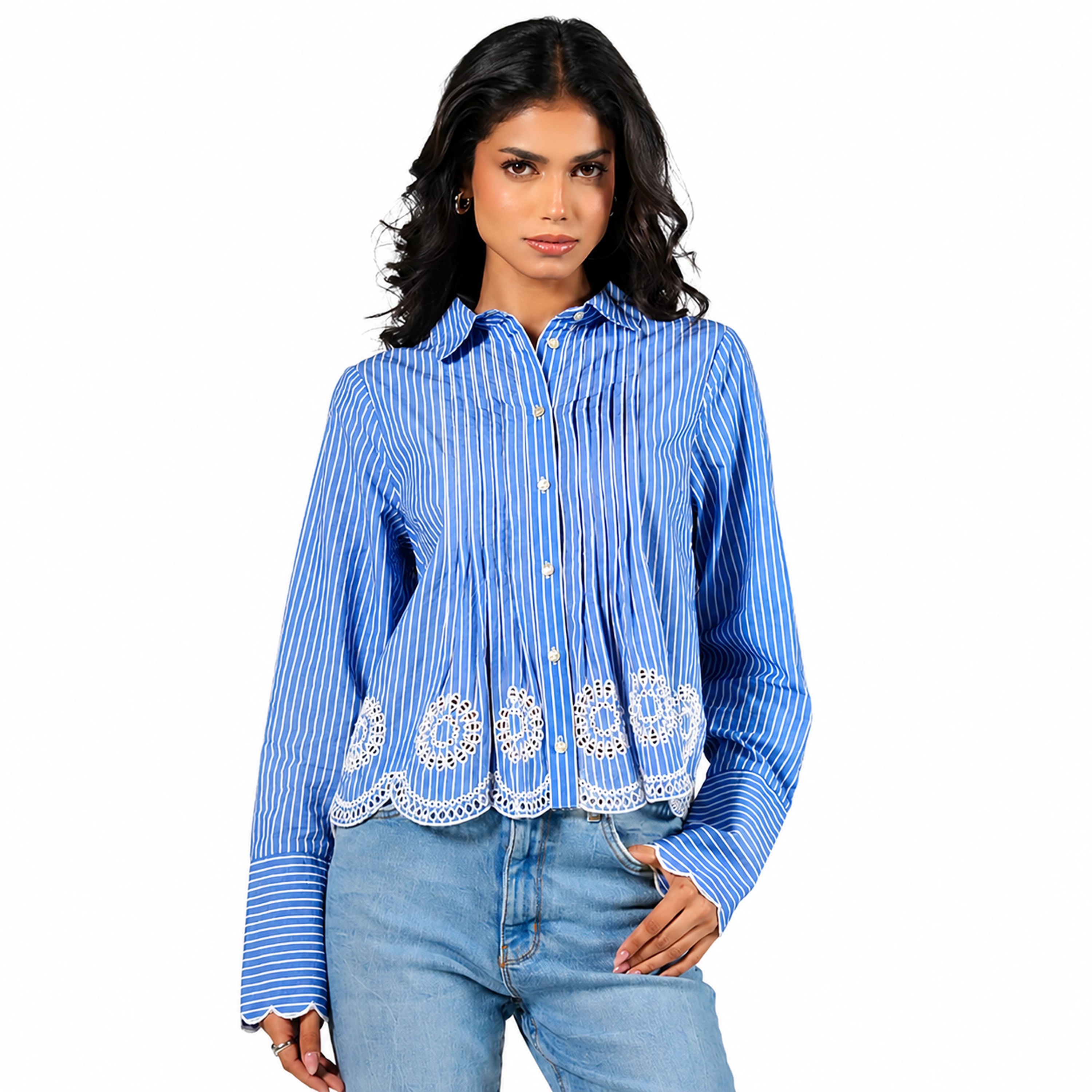 Rose & Nancy Women's Leonie Embroidery Hem Blue Stripe Shirt