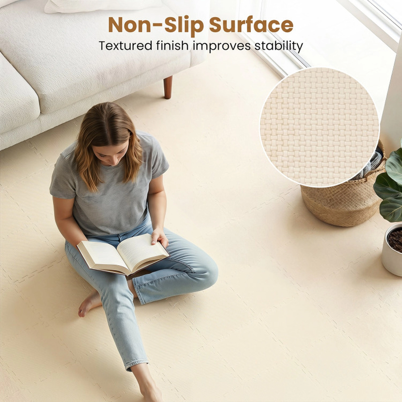 SUGIFT High-Density Interlocking Foam Floor Mats with Non-Slip Surface and Borders Beige
