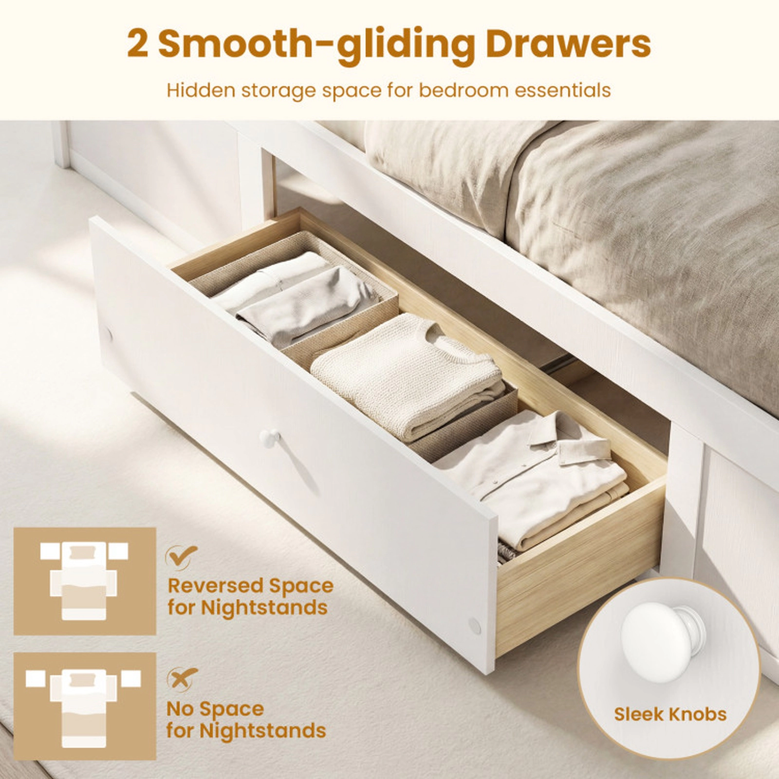 SUGIFT Twin Size Rattan Bed Frame with 2 Storage Drawers 350-lb Bed Capacity 50-lb Drawer Capacity 79-in Frame White