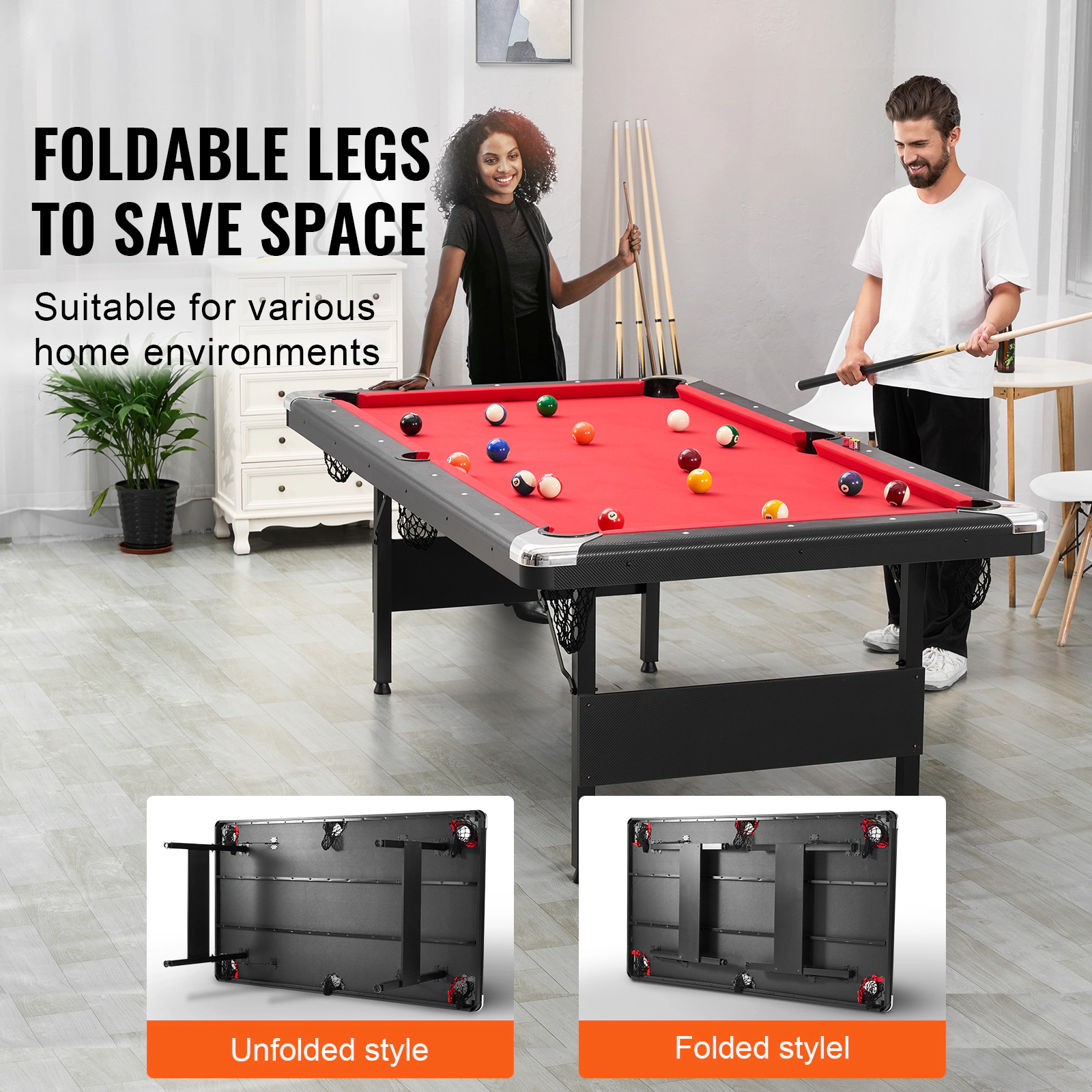 HONGGE Pool Table Portable Billiards Foldable Space-Saving Game Set Includes Brush with Cloth for Family Room