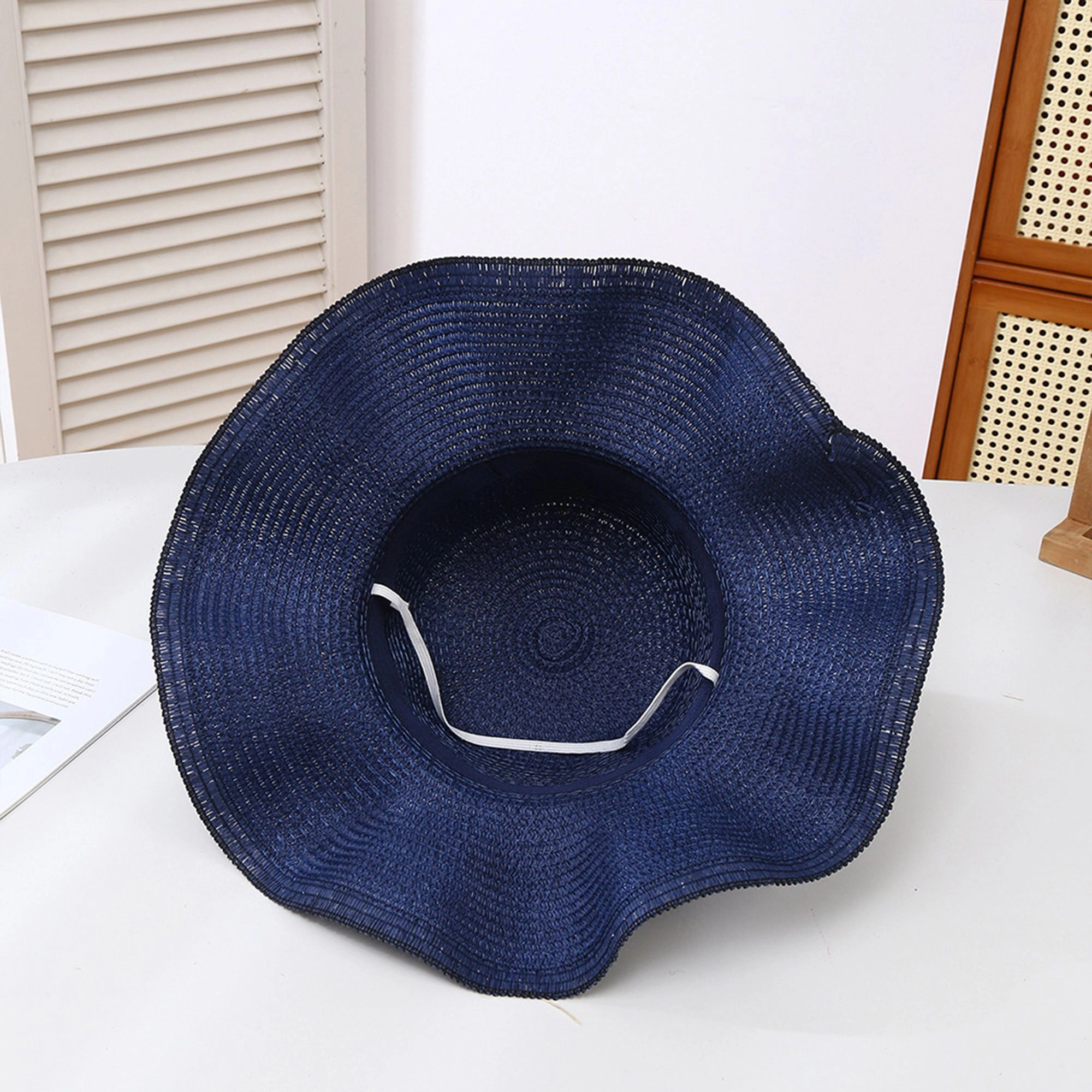 Anna-Kaci Women's Wide Brim Straw Sun Hat Wavy Edge Shell Trim Beach Adjustable Inner Band Packable