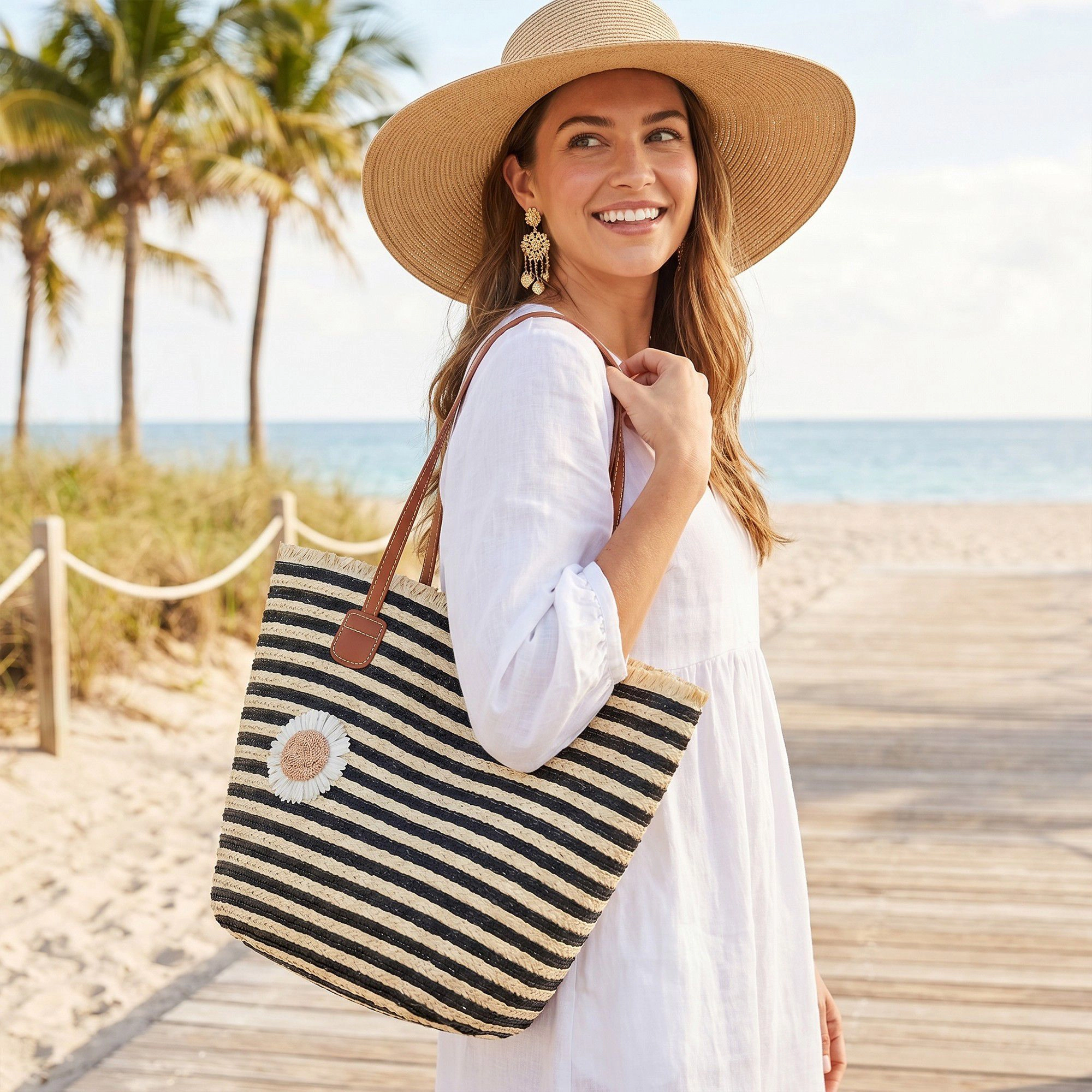 Alilang Women's Striped Woven Tote Bag with Dual Shoulder Straps Frayed Edge Trim and Floral Charm Detail