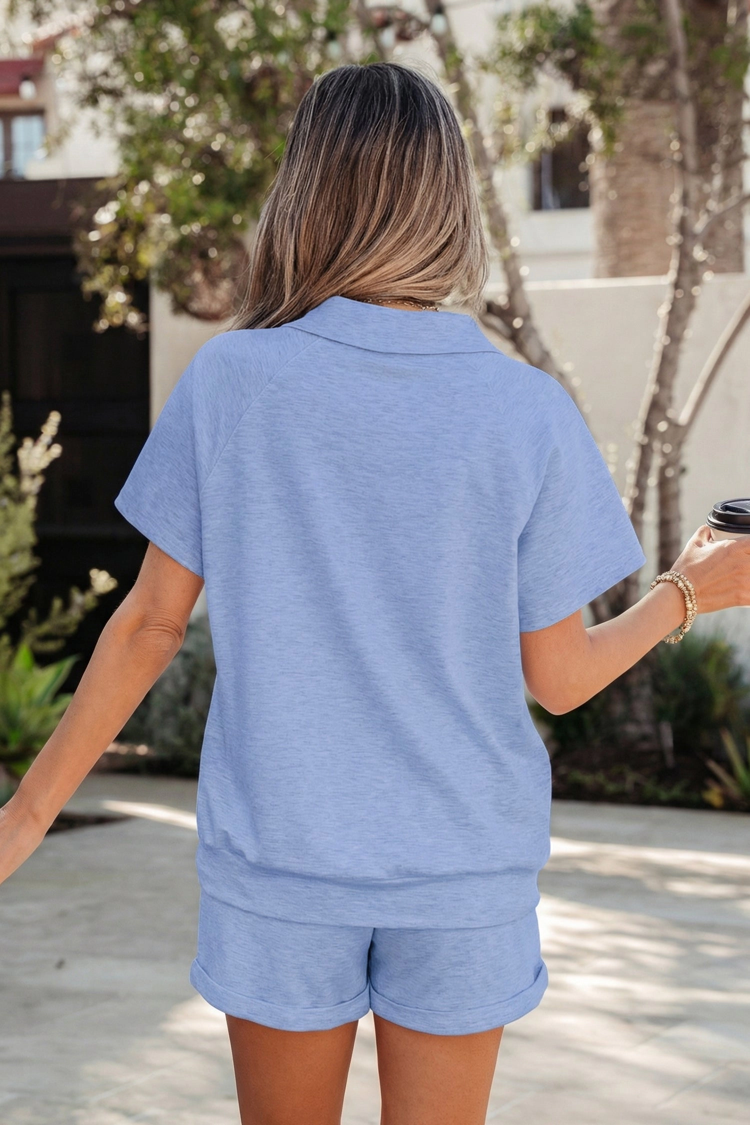 Threaded Pear Womens Lillie Collared Tee Set, Sky Blue - 2-Piece V-Neck and Drawstring Shorts