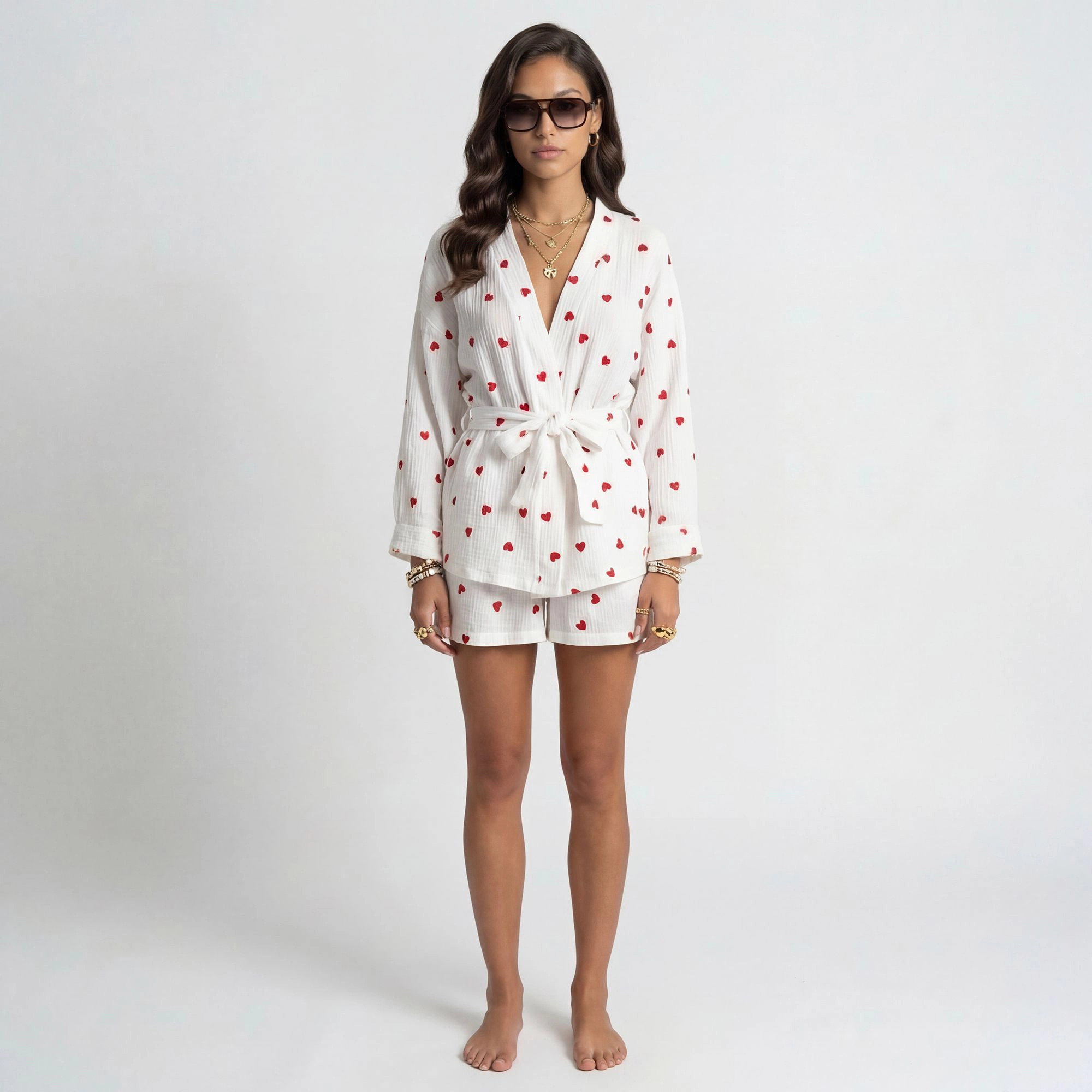 Anna-Kaci Women's Heart Print Valentine 2-Piece Pajama Set with Long Sleeve Tie-Waist Robe and Relaxed Fit Shorts