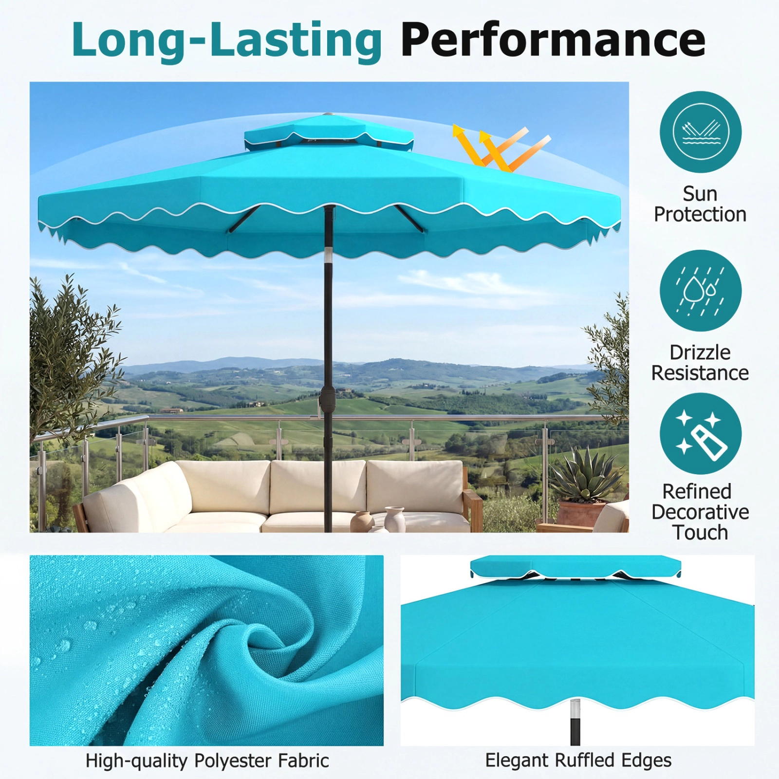 SUGIFT Vented 10-ft Patio Umbrella with Push Button Tilt and Crank 17-lb Net Weight Turquoise Polyester Fabric Canopy