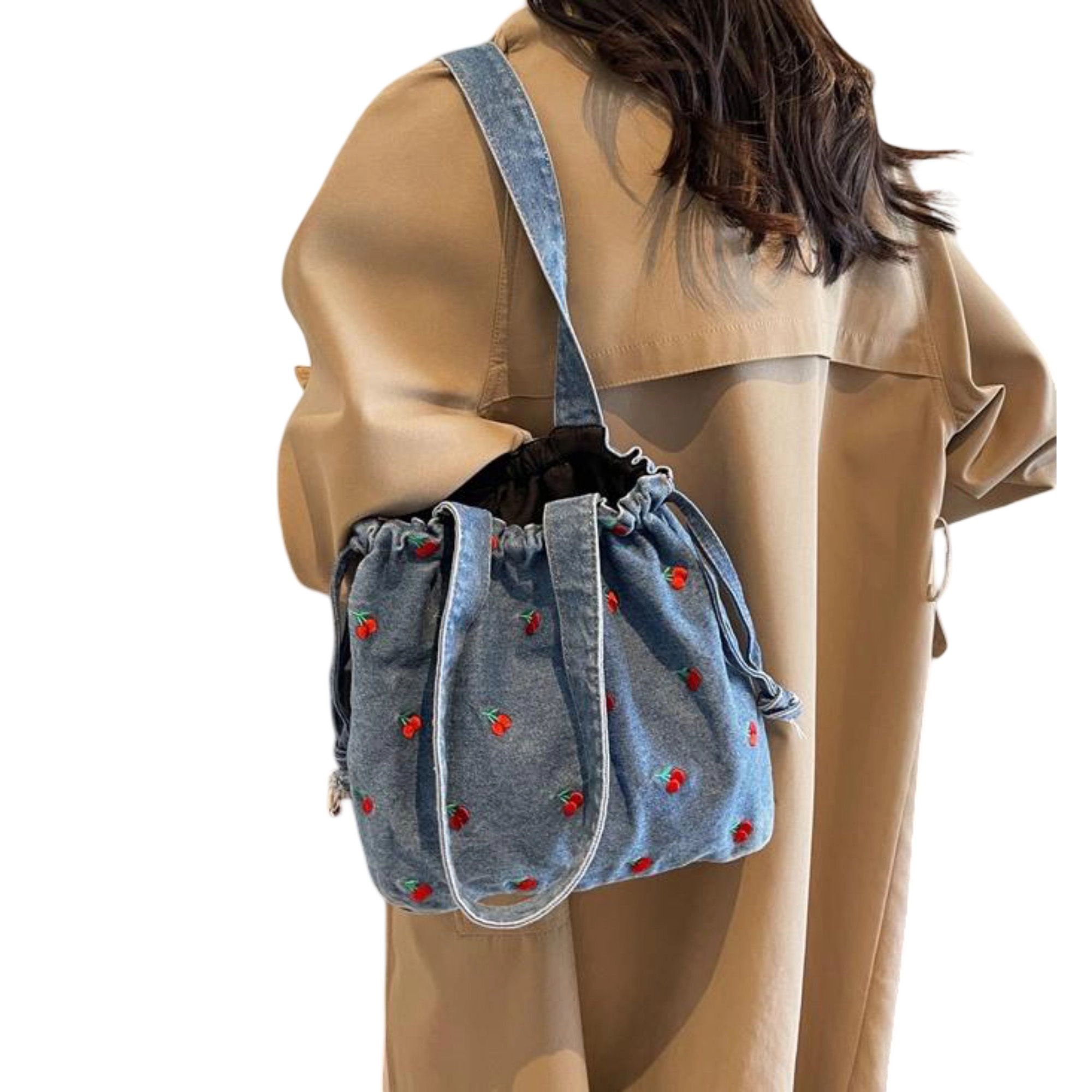 Alilang Women's Embroidered Cherry Denim Drawstring Bag with Fixed Shoulder Strap