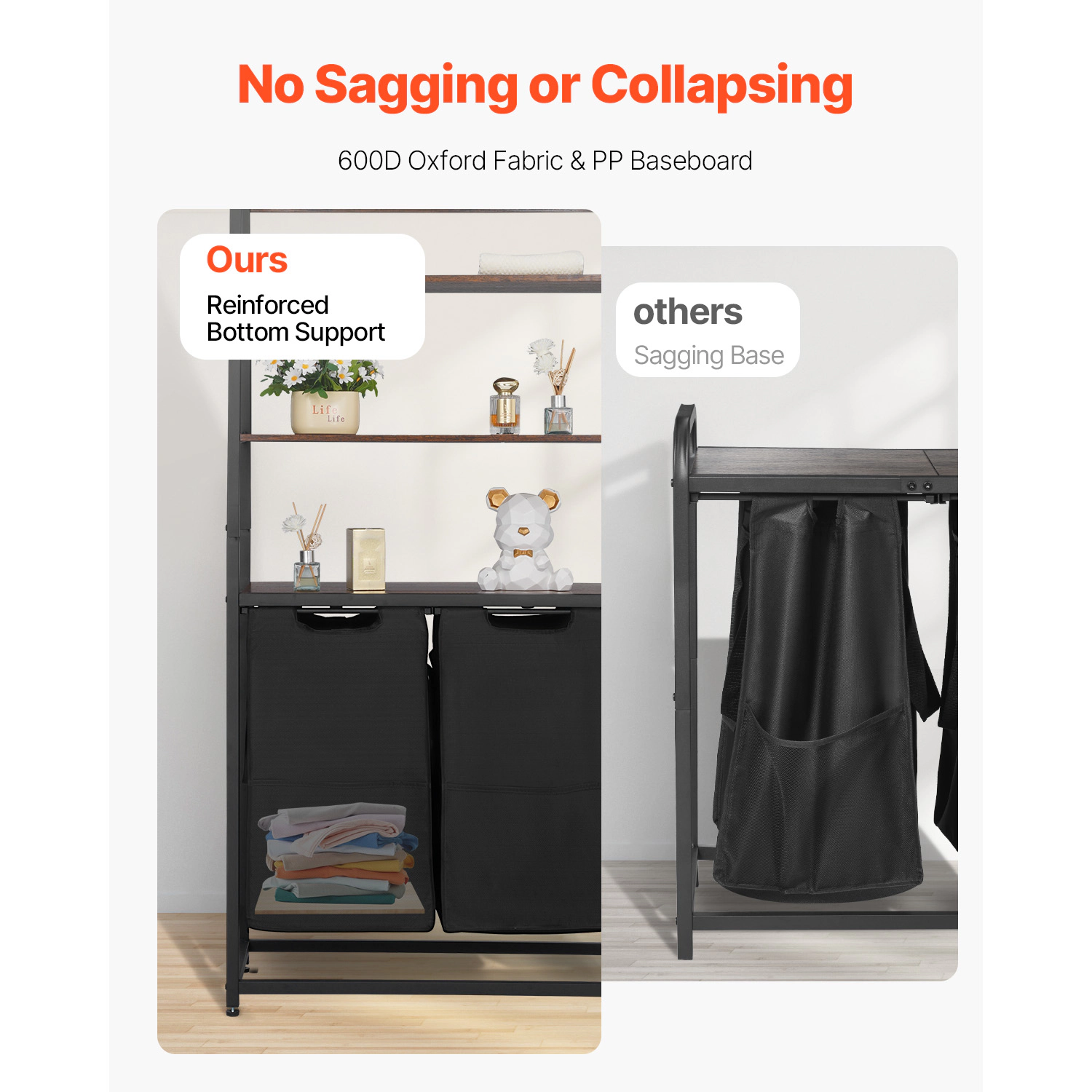 HONGGE Laundry Sorter Large Laundry Hamper with Metal Frame and Wooden Tabletop Freestanding Storage Organizer Baskets
