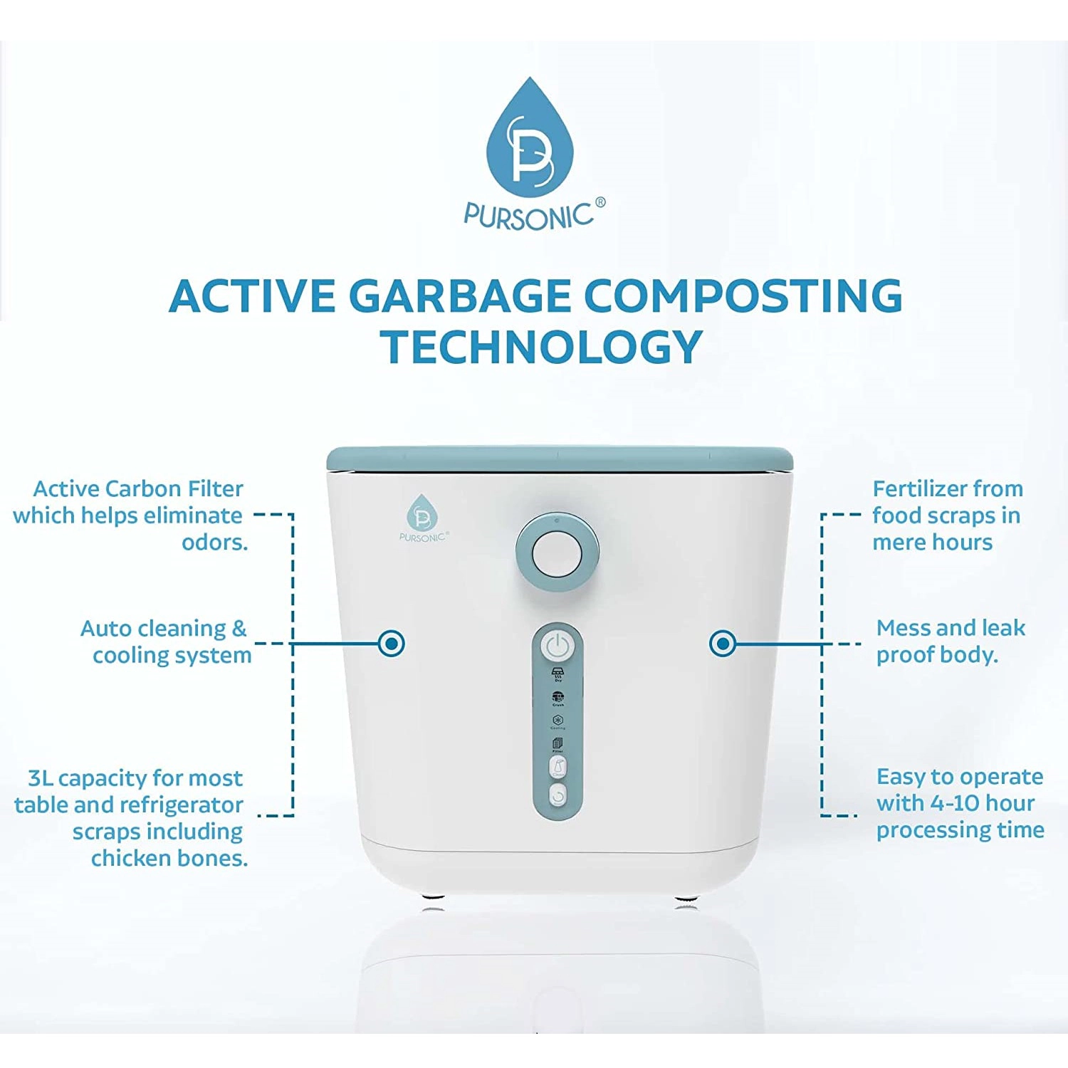 Pursonic Unisex Electric Food Waste Composter with 3L Capacity, Odor-Free Composting & Fast Food Scrap Recycling System