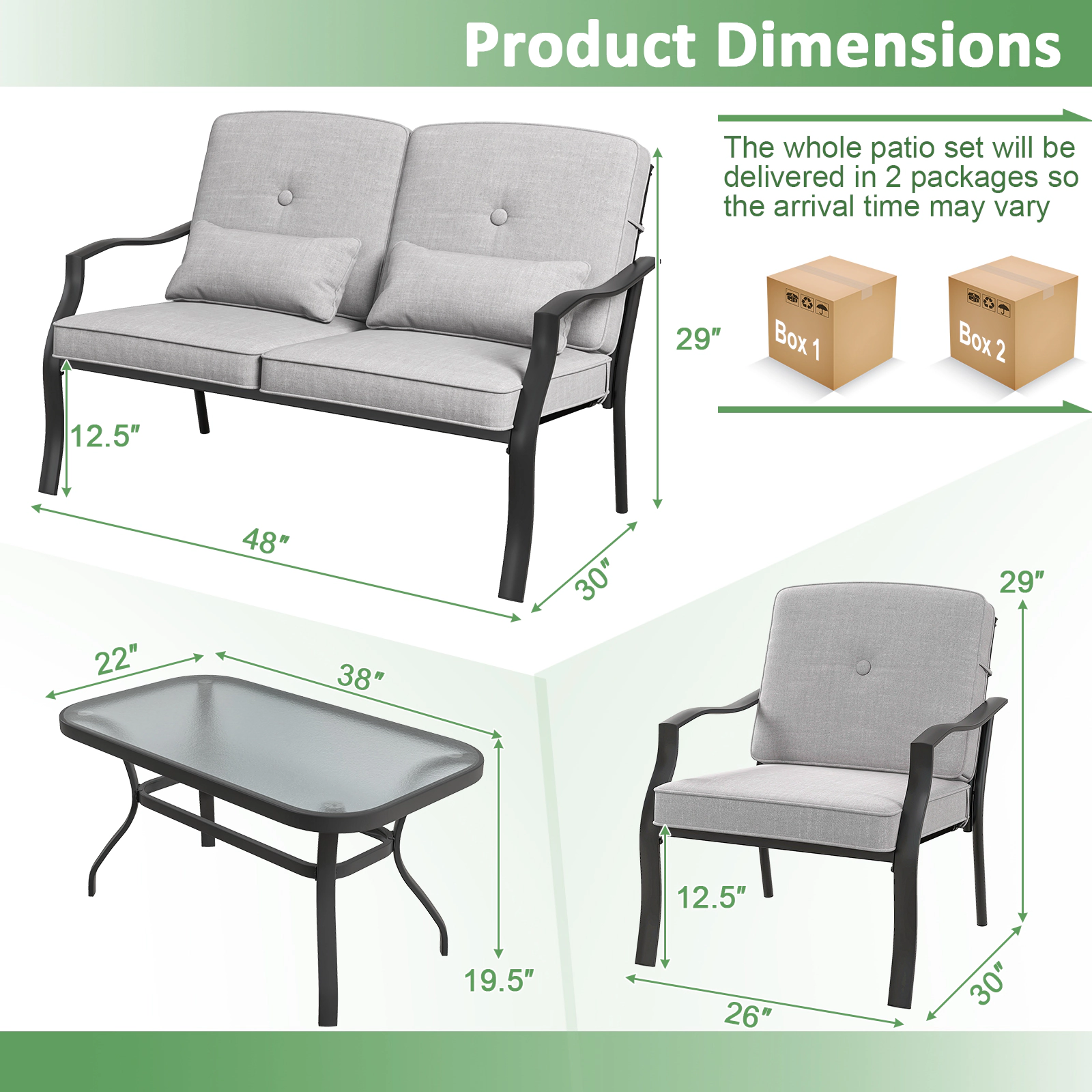 SUGIFT Gray Seat Cushions Waist Pillows and Glass Table 4-Piece Outdoor Conversation Set