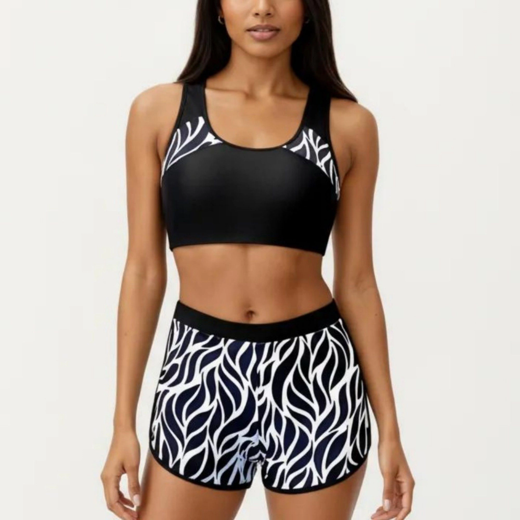 Anna-Kaci Sport Bikini Set - Scoop Neck Crop Top and Swim Shorts