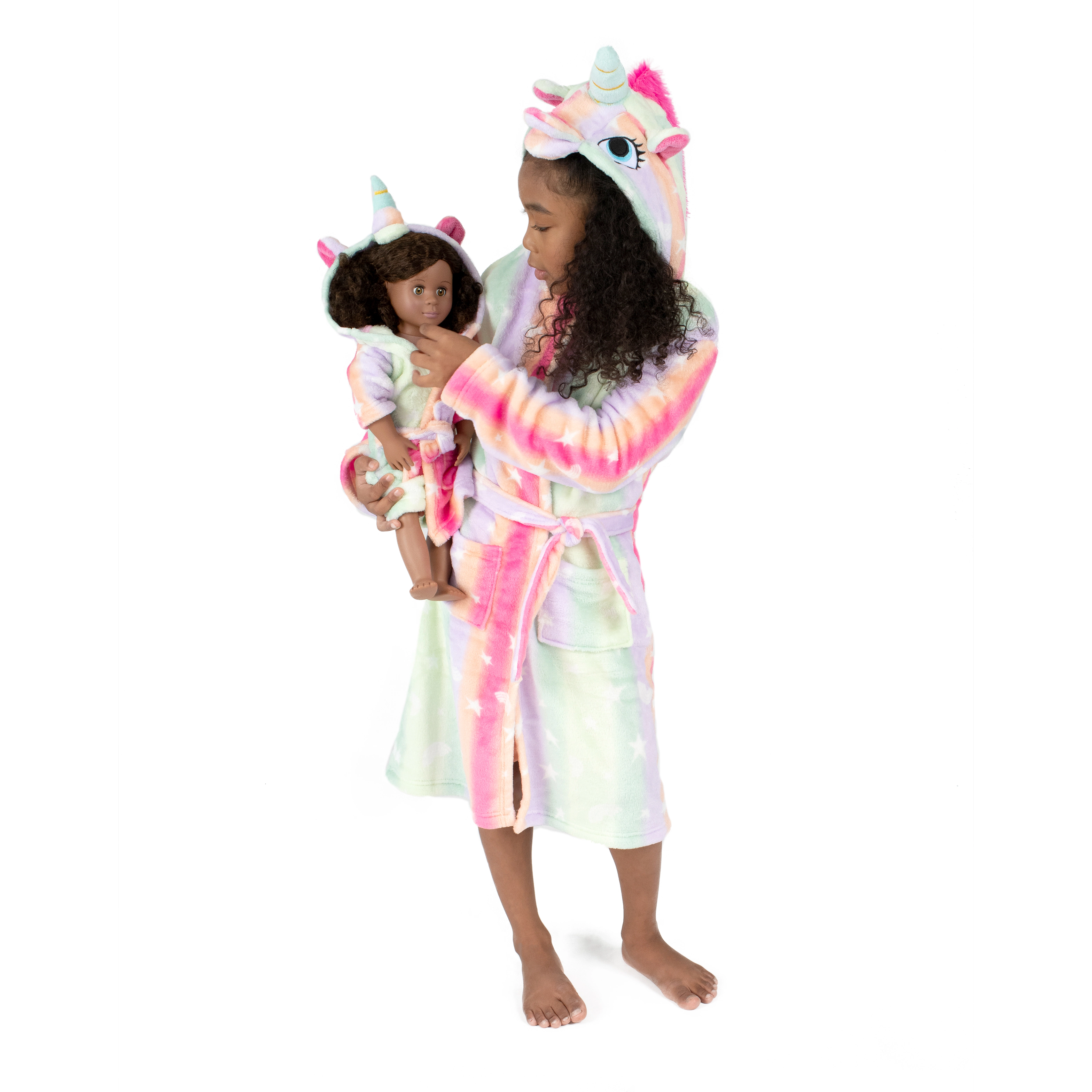 Leveret Girl & Matching Doll Rainbow Stars Tie Dye Fleece Hooded Robe Set