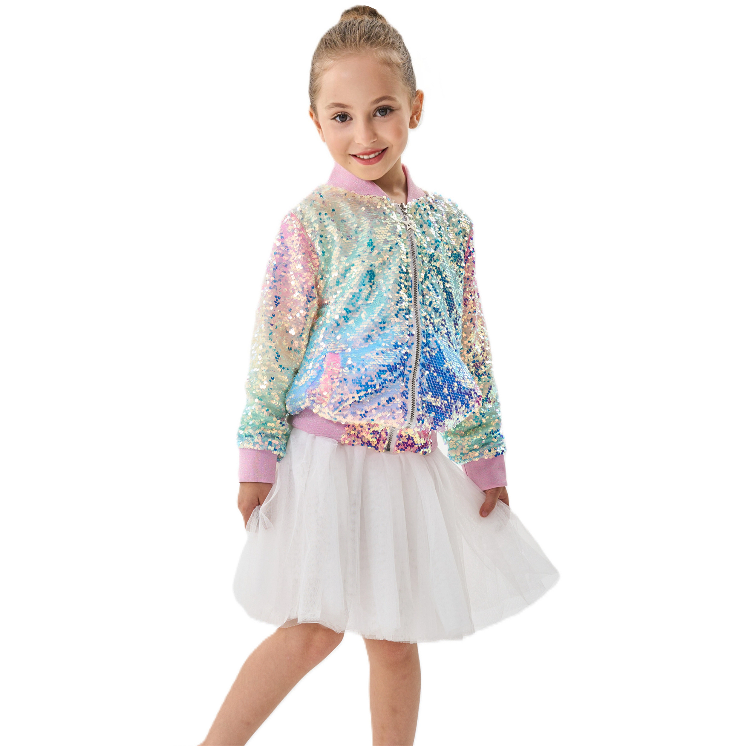 2Bunnies Girls’ Iridescent Ombre Sequin Bomber Jacket