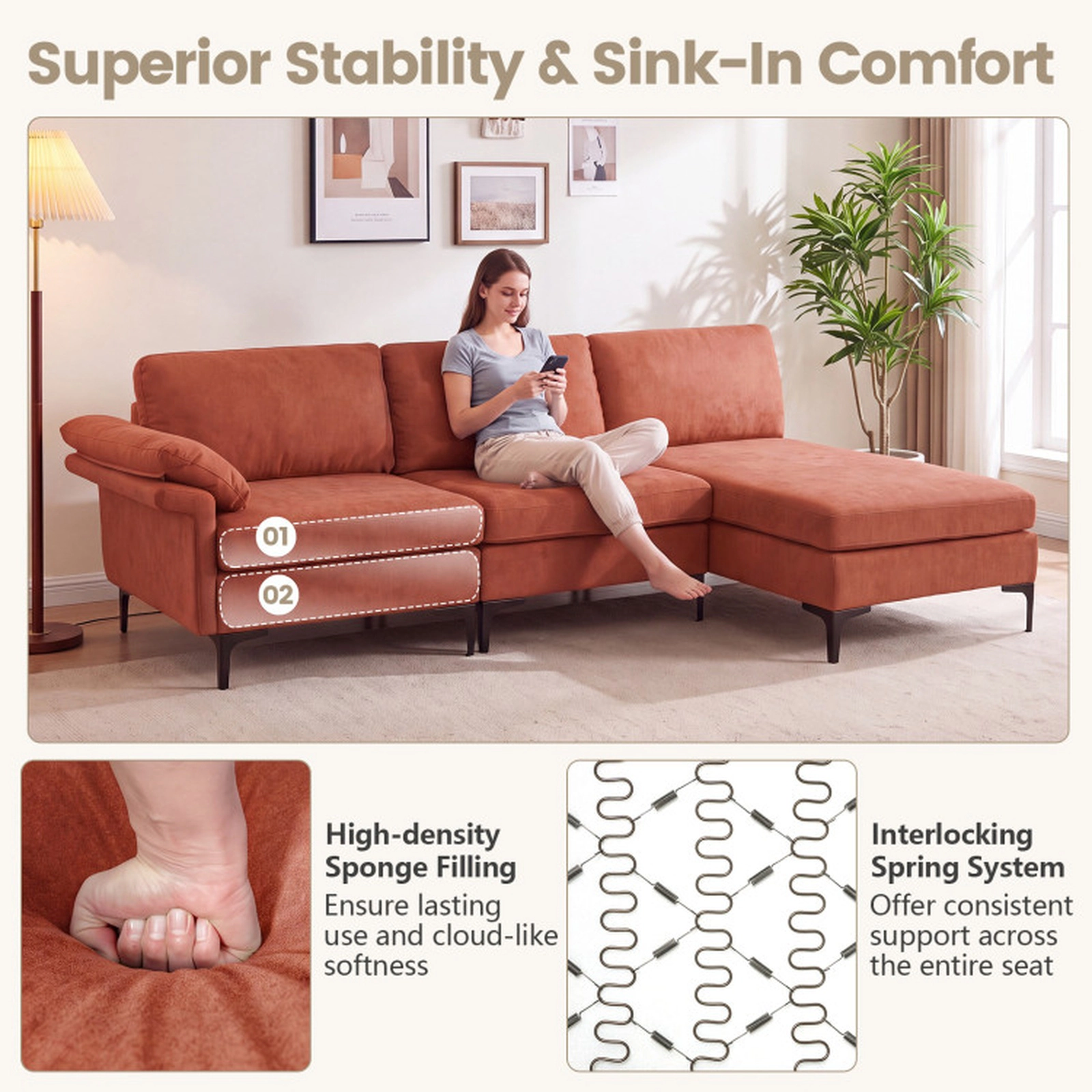 SUGIFT Red L-Shaped Modular Sectional Sofa with Chaise, 2 AC Outlets, 4 USB Ports, Hidden Storage