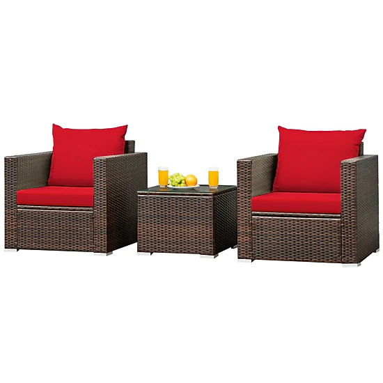 LJG 3 Pcs Patio Conversation Rattan Furniture Set with Cushion