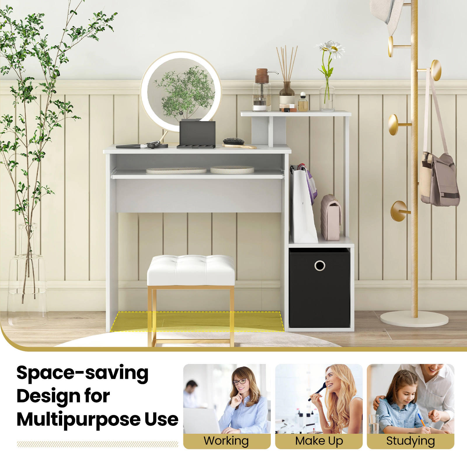 SUGIFT White Pull-Out Keyboard Tray and Fabric Bin 39.5 Inch Space Saving Computer Desk