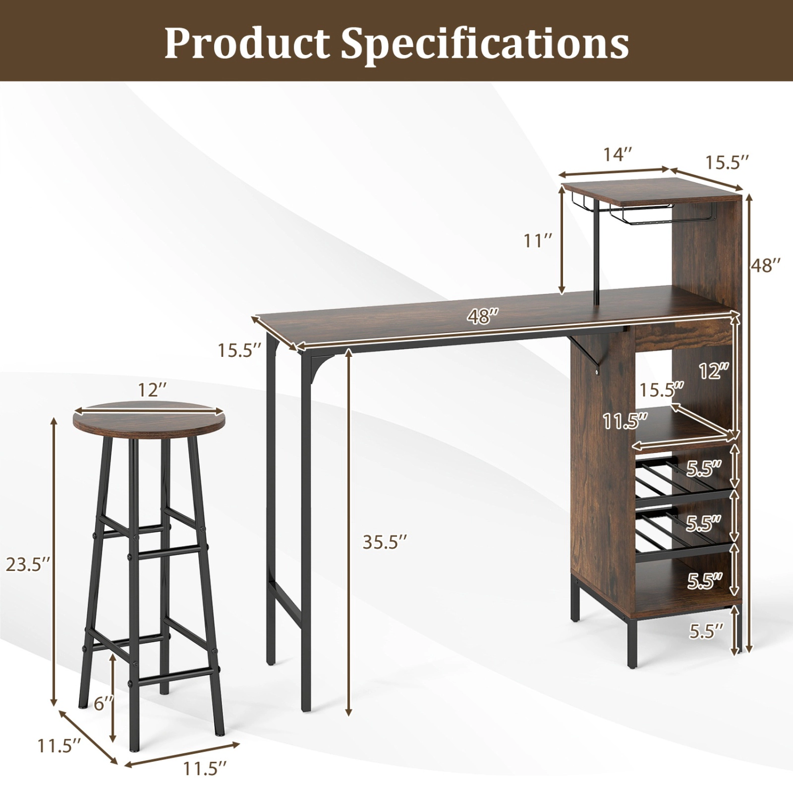 SUGIFT Bar Table and Chairs Set with Storage Shelf 400-Lb Table Capacity 330-Lb Stool Capacity Rustic Brown