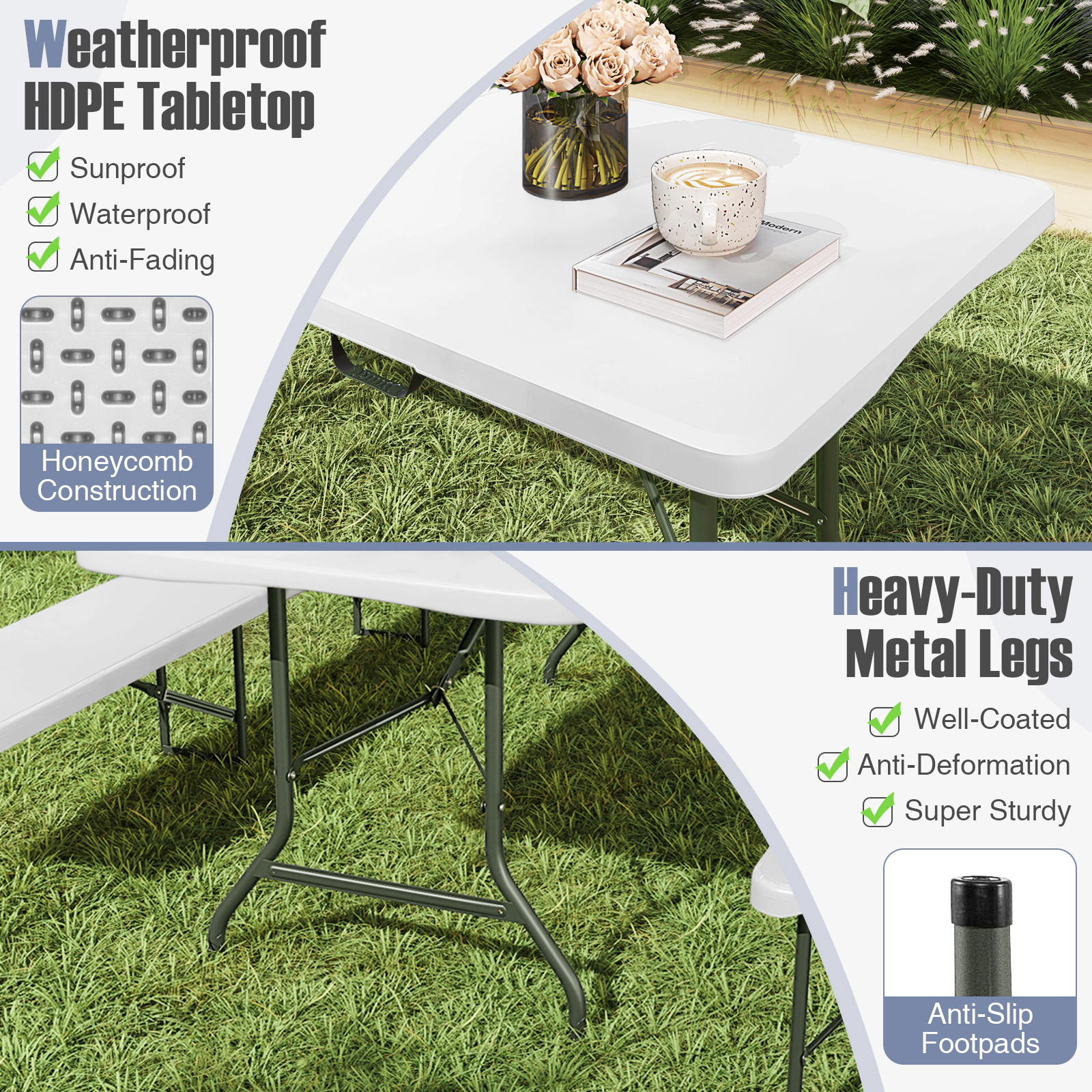 SUGIFT 96.5-in Folding Picnic Table with HDPE Tabletop 350-lb Capacity Fold-in-Half Design 36.5-lb Net Weight White