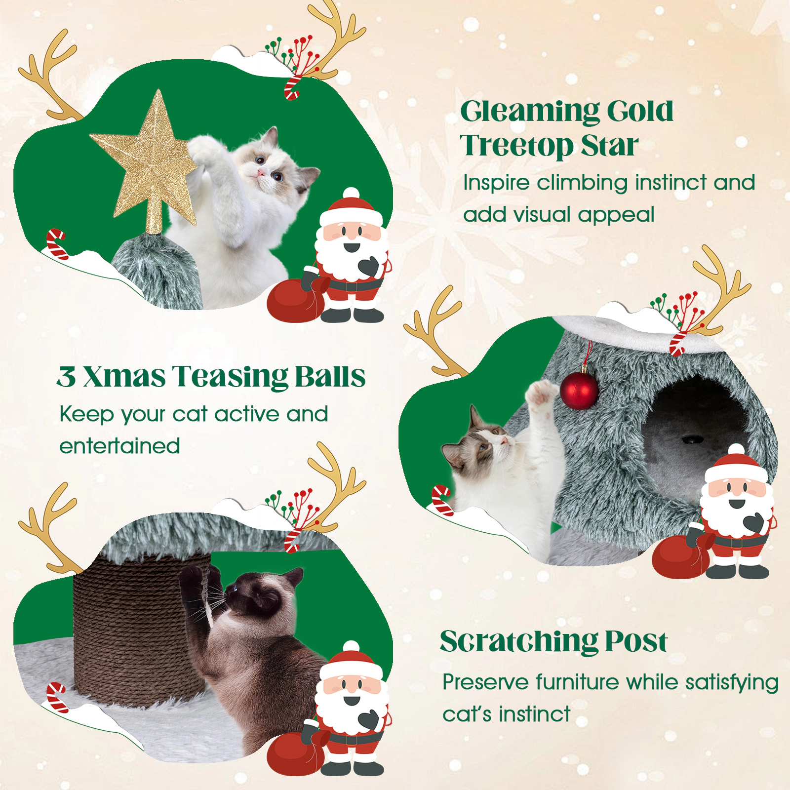 SUGIFT Frost-Kissed Christmas Cat Tree Tower with 2 Large Condos and Scratching Post 48.43-in Tall Green White Brown