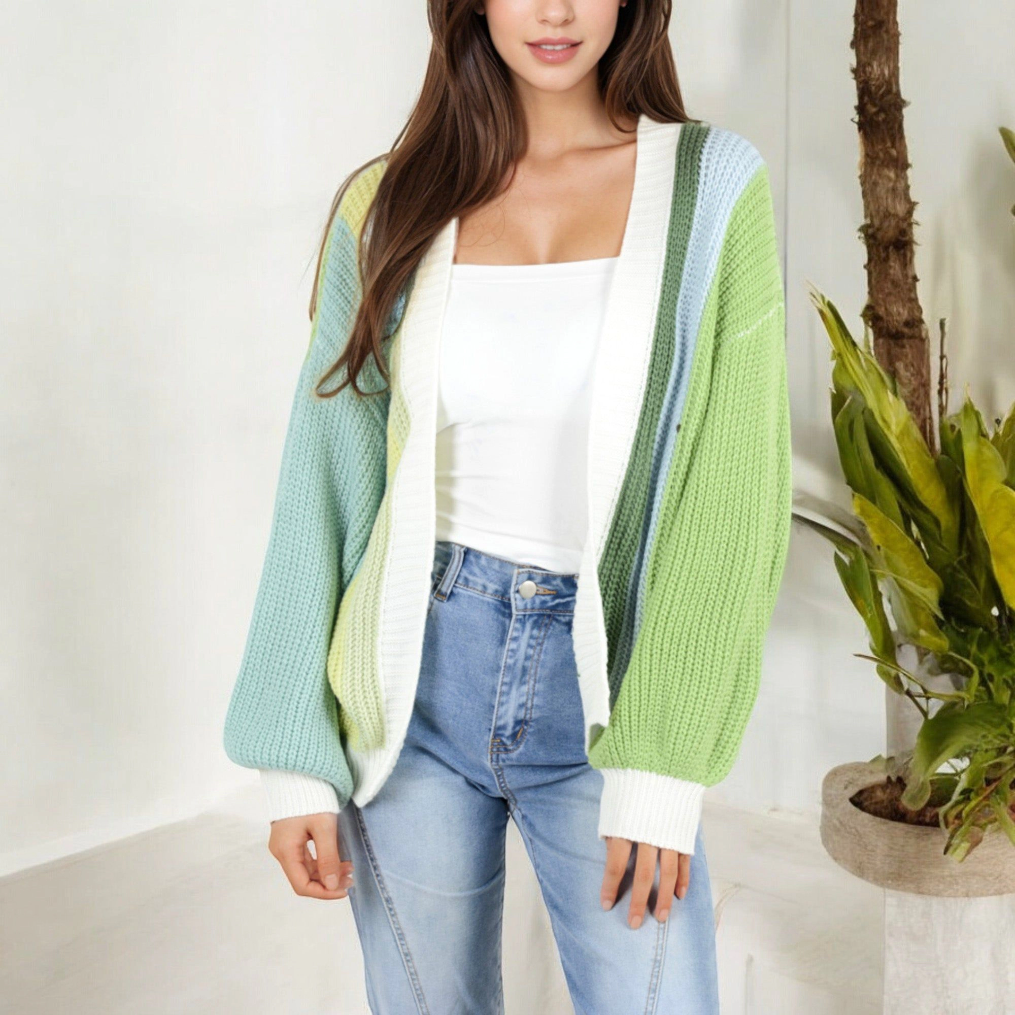 Anna-Kaci Women's Long Sleeve Open Front Color Block Knit Cardigan with Ribbed Cuffs and Hem