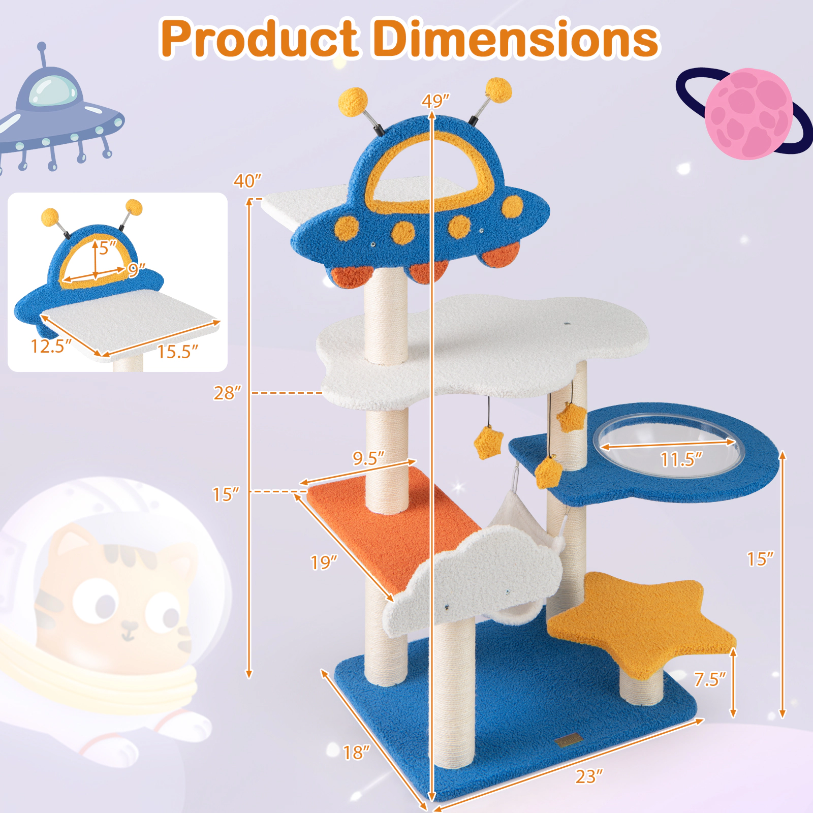 Glintex 49-Inch Space-Themed Cat Tree with UFO Top Perch and Transparent Capsule, Blue