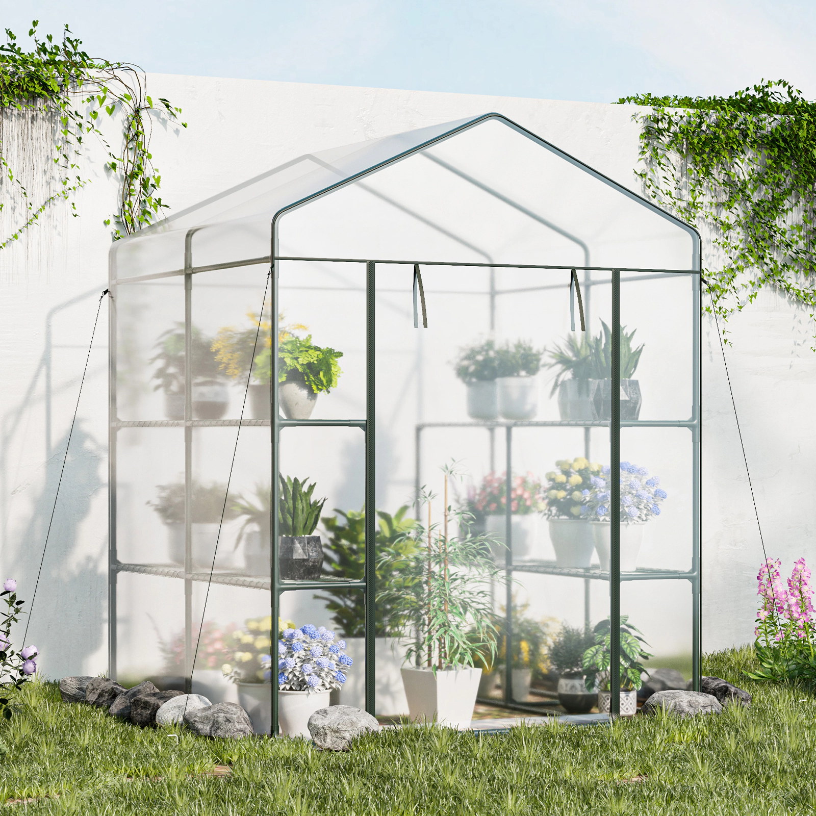 SUGIFT Walk-in Greenhouse with 3 Tiers 8 Mesh Shelves Clear PVC Cover and Roll-Up Zippered Door