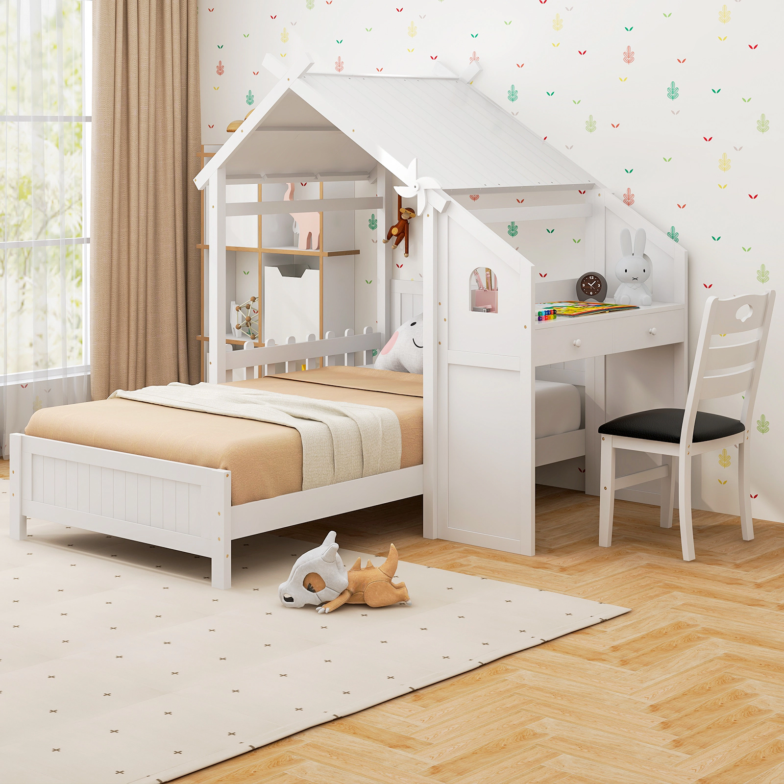 SUGIFT Twin House Bed with Desk, 2 Drawers and Study Chair, White