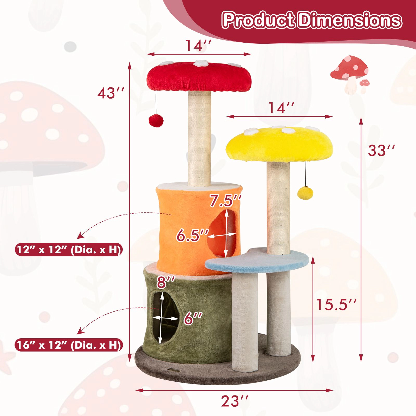 SlickBlue 43" Mushroom Cat Tree with 2 Condos, Perches & Scratcher