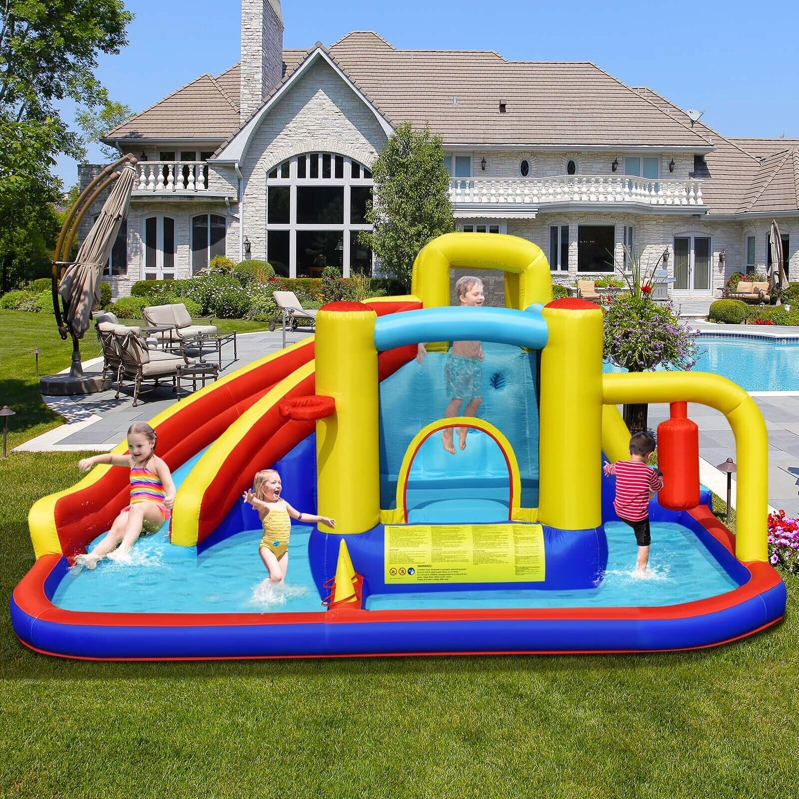 Hivvago 7-in-1 Inflatable Water Slide with 735W Air Blower and Splash Pool