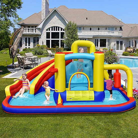 LJG Kids 7-in-1 Inflatable Water Slide with 735W Air Blower and Splash Pool