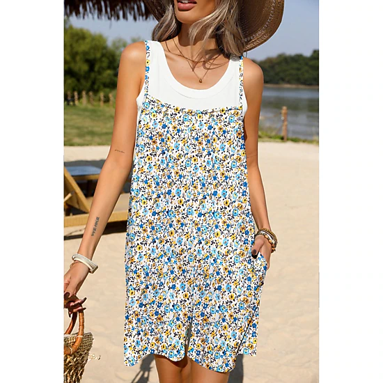 Ekouaer Women's Floral Print Spaghetti Strap Romper with Pockets