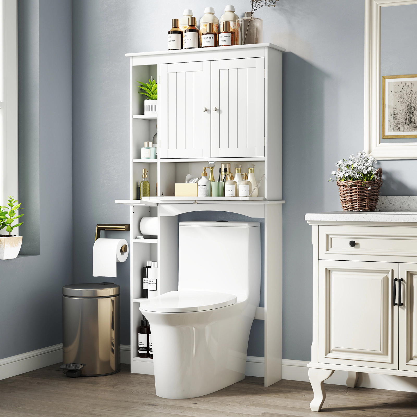 SUGIFT Over The Toilet Storage Cabinet With Adjustable Shelf And Bottom Bar 265-lb Capacity 31.5-in Wide White