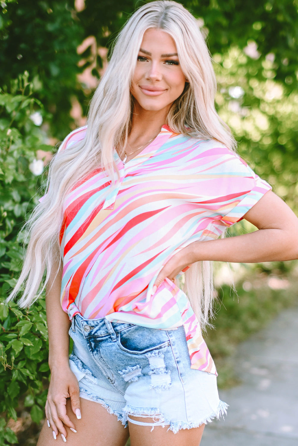 Threaded Pear Women's Cali Abstract Short Sleeve Blouse