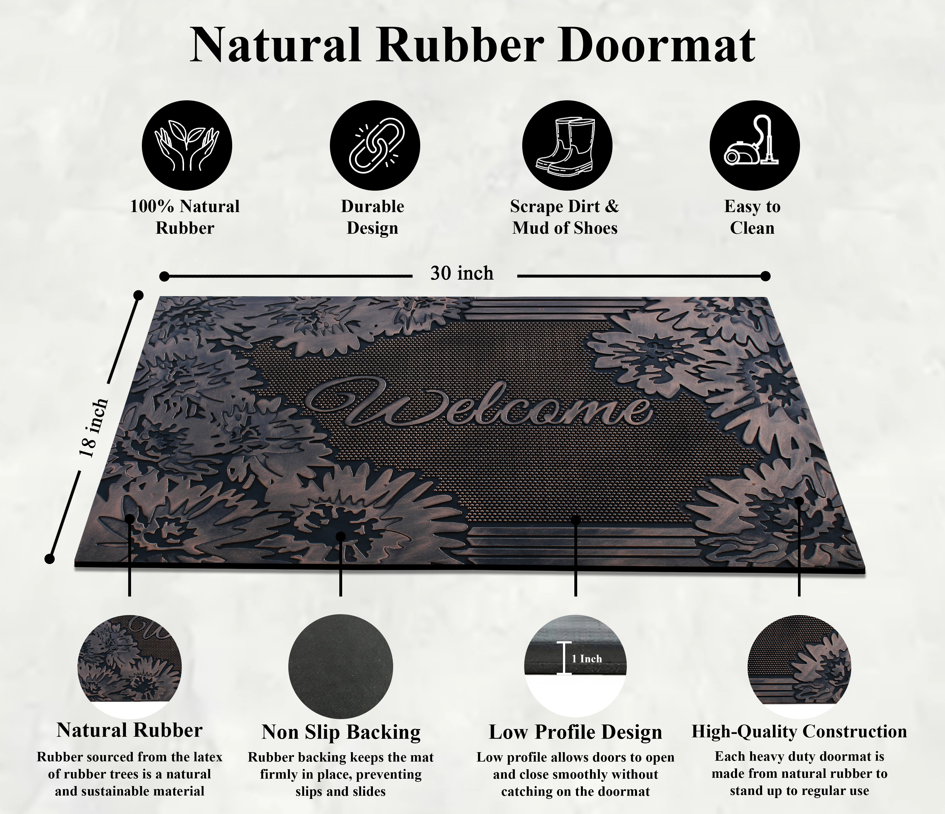 A1 Home Collections Floral Pin Rubber Welcome Doormat Non-Slip Front Door Entry Mat Indoor Outdoor 18 x 30 In