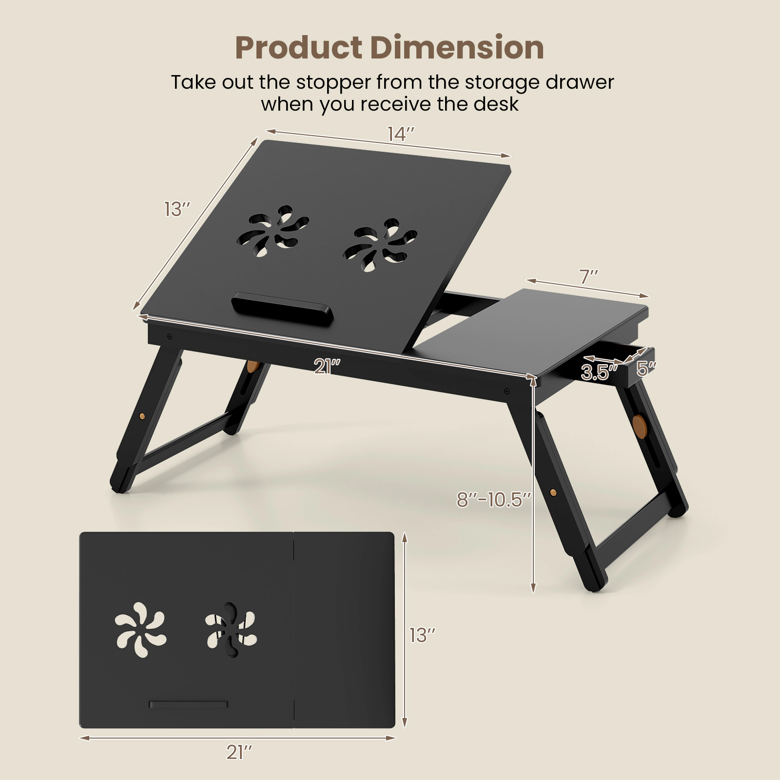 SUGIFT Bamboo Tilting Top Drawer Folding Legs Bed Tray Laptop Desk 21-in x 13-in 8-in to 10.5-in 55-lb Capacity Brown
