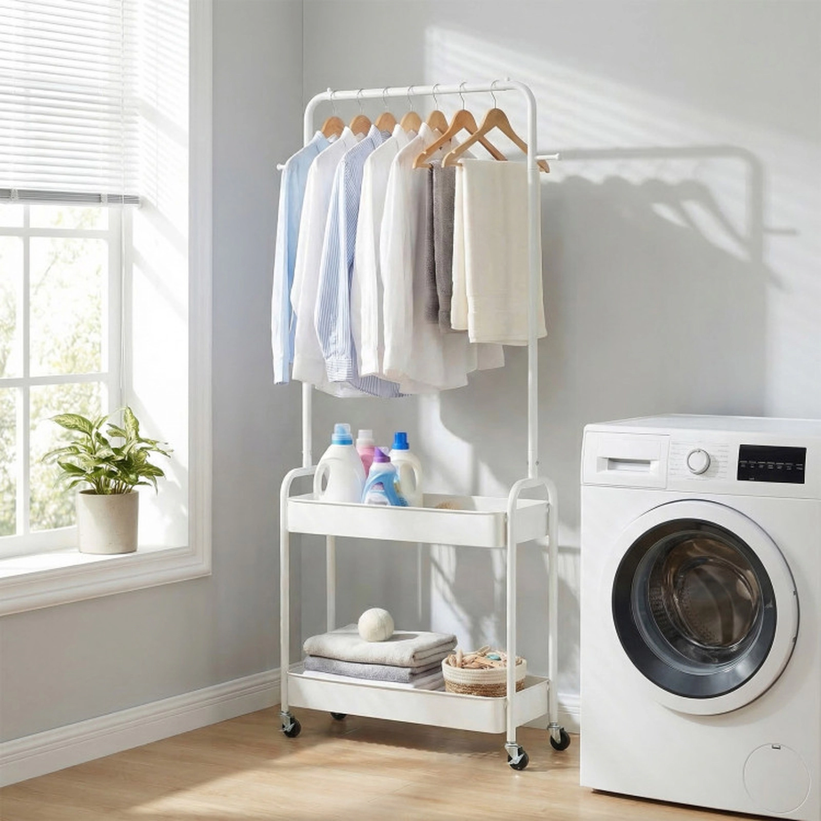 SUGIFT 65-in 80-lb Capacity White Rolling Clothes Rack with Hanging Rod Hooks and 2 Storage Baskets