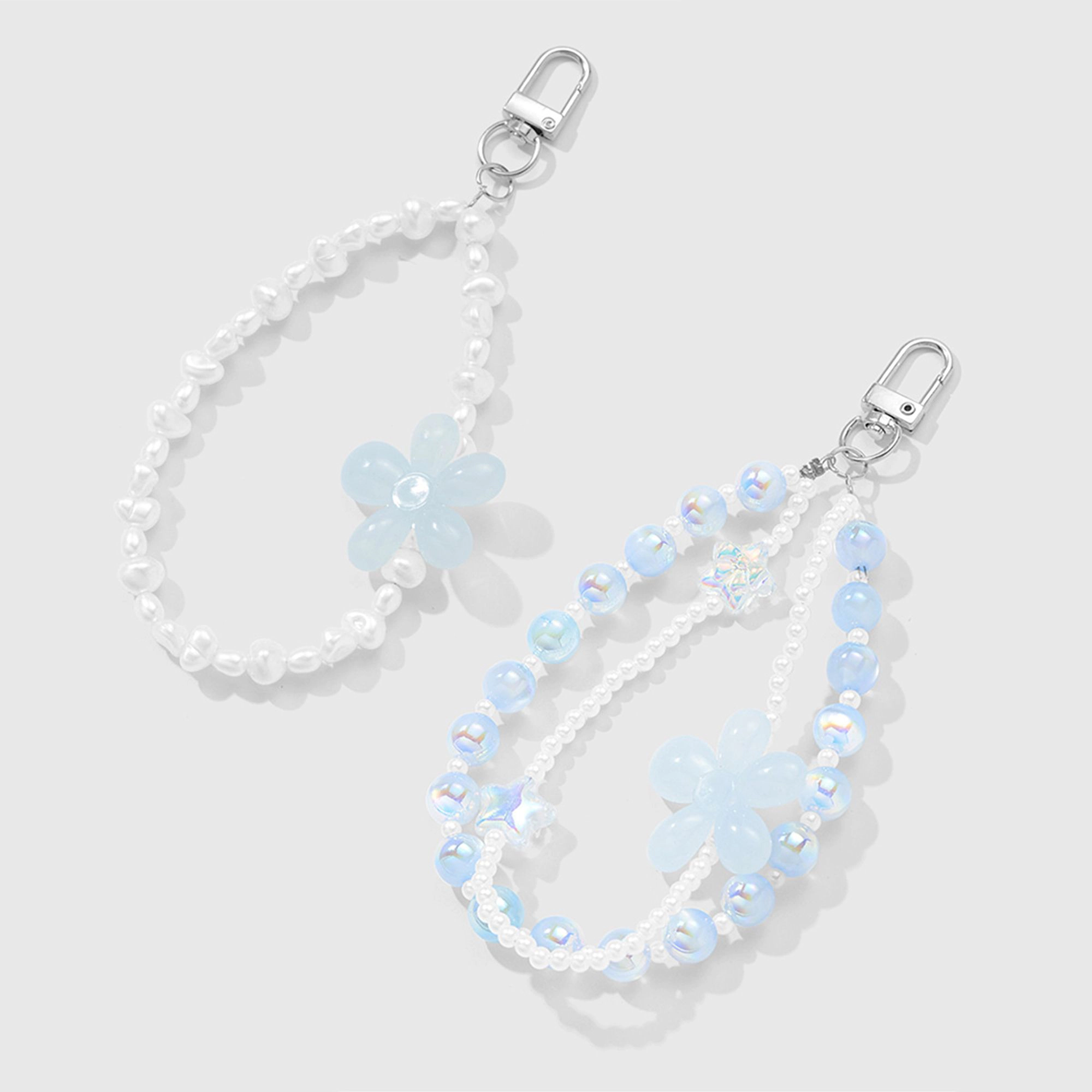 Alilang Women's 2-Piece Blue Beaded Keychain with Flower Charm and Silver Star Accents