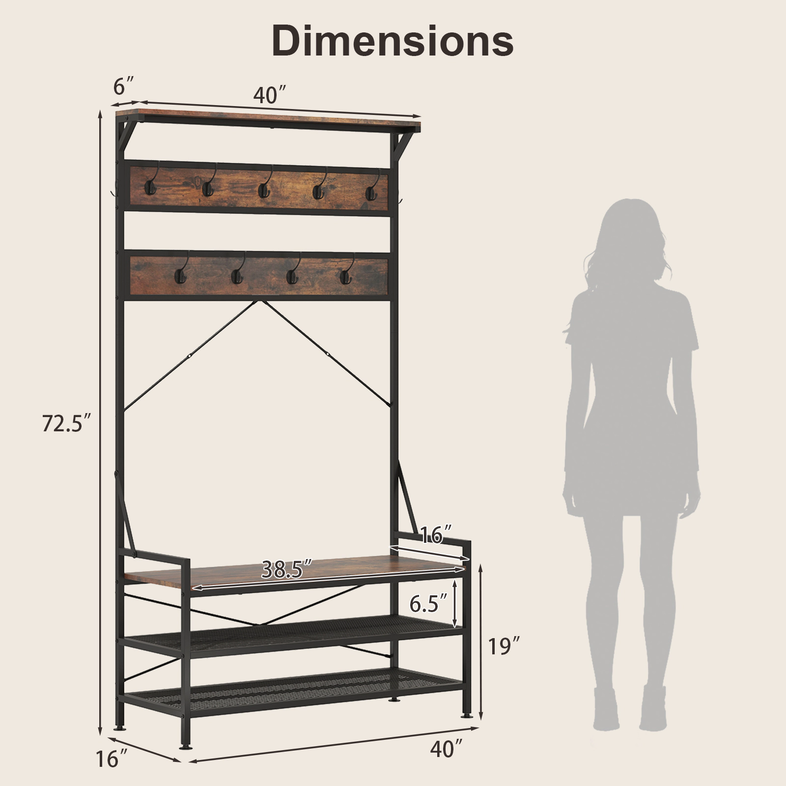 SUGIFT 72.5-in 4-in-1 Entryway Hall Tree with Coat Rack 11 Hooks Storage Shoe Bench and 2-Tier Rack