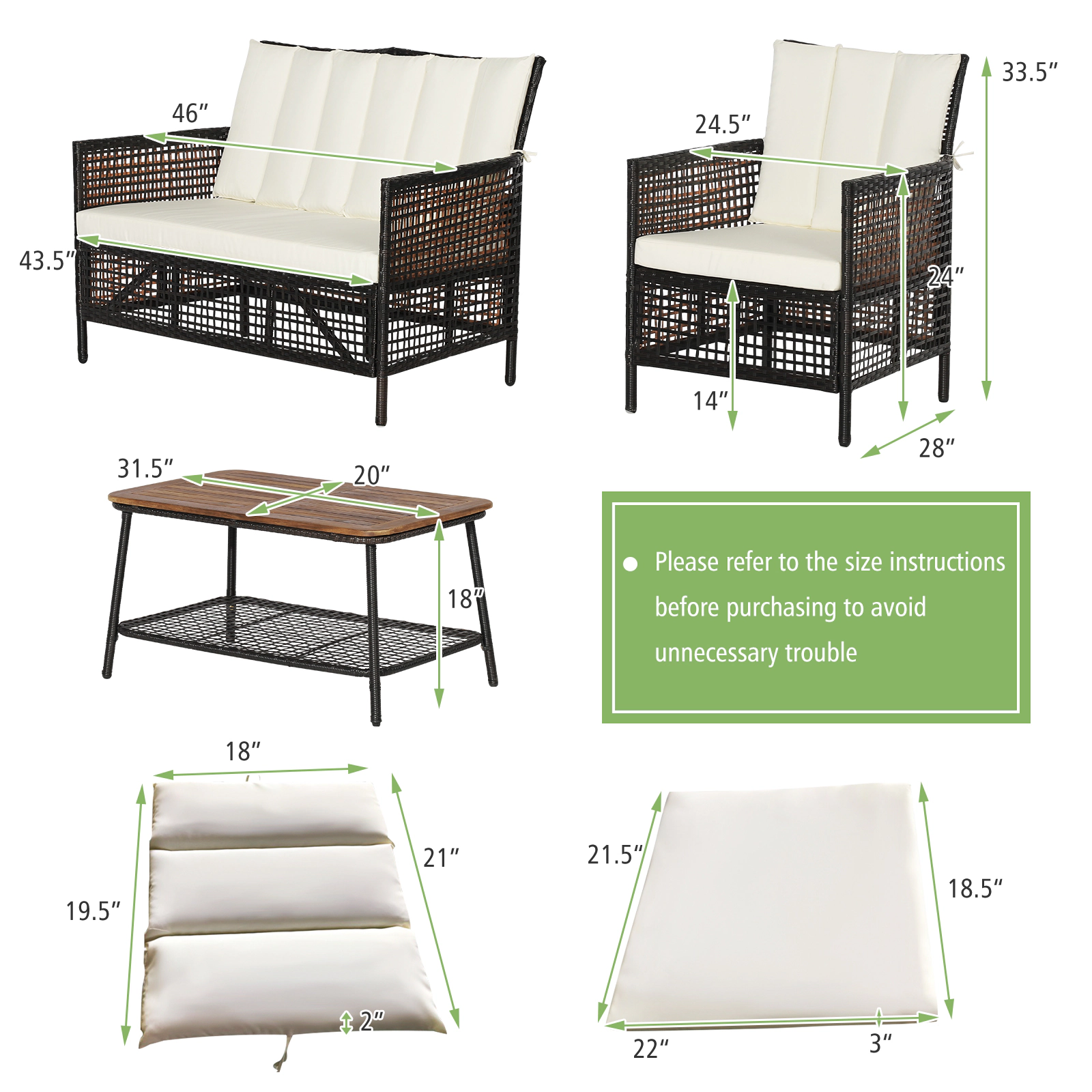 SUGIFT Patio Conversation Set Loveseat & 2-Tier Coffee Table 170-lb Tabletop Capacity Mix Reddish Brown Rattan Off White