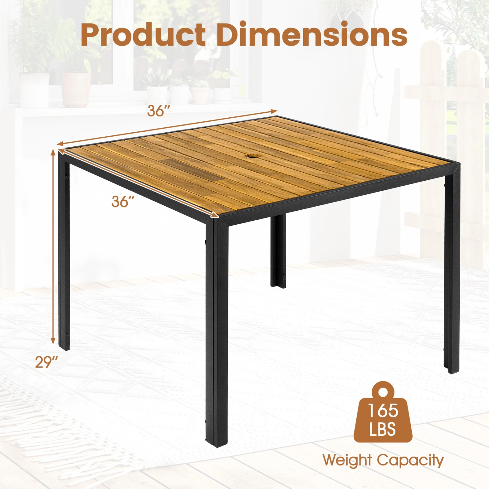 SUGIFT 36-in Square Acacia Wood Outdoor Dining Table for 4 with Slatted Top 165-lb Capacity Natural + Black 2-Piece Set